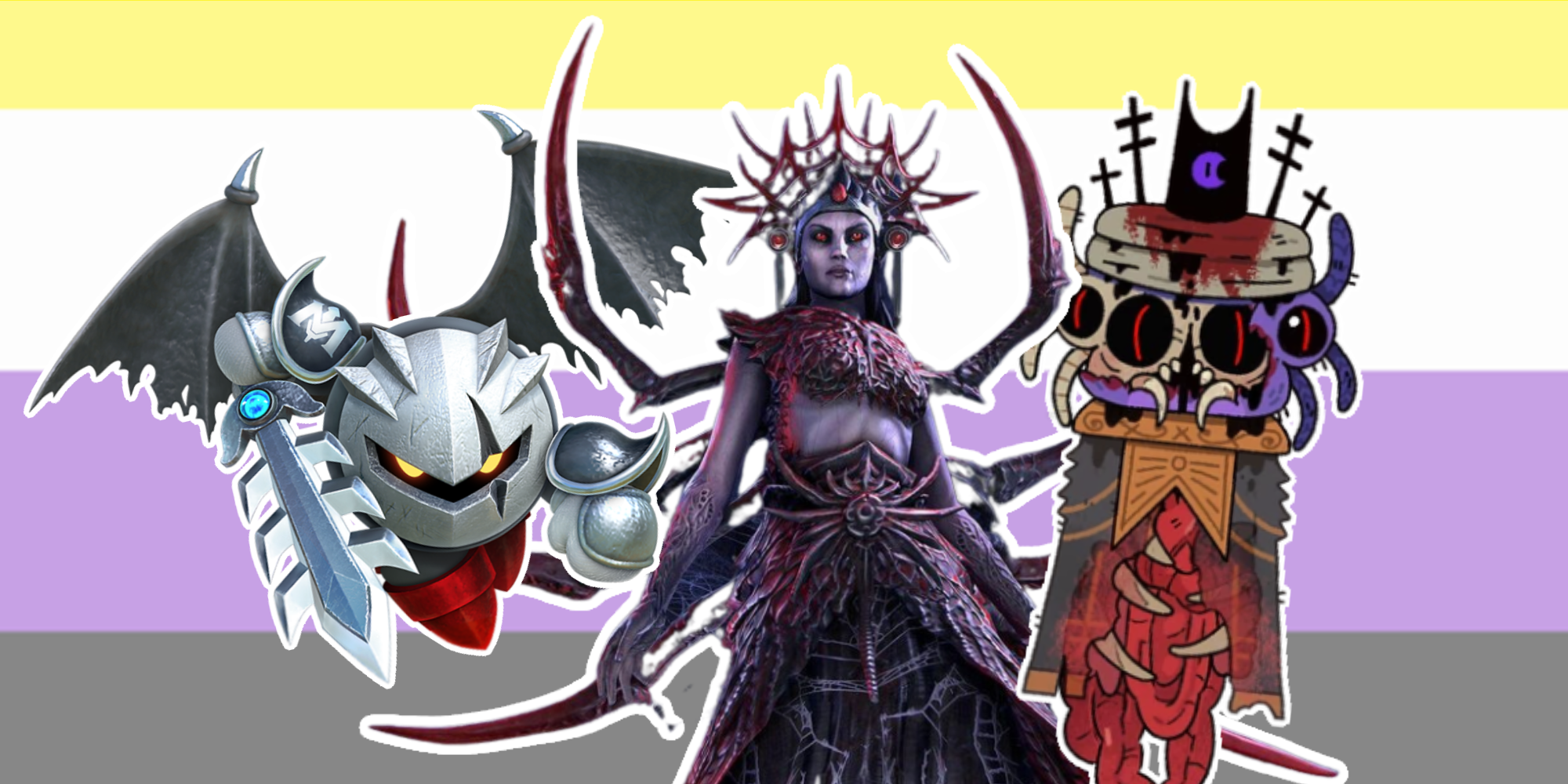 Metaknight, Daedric Prince, and Shamura in front of a non-binary flag