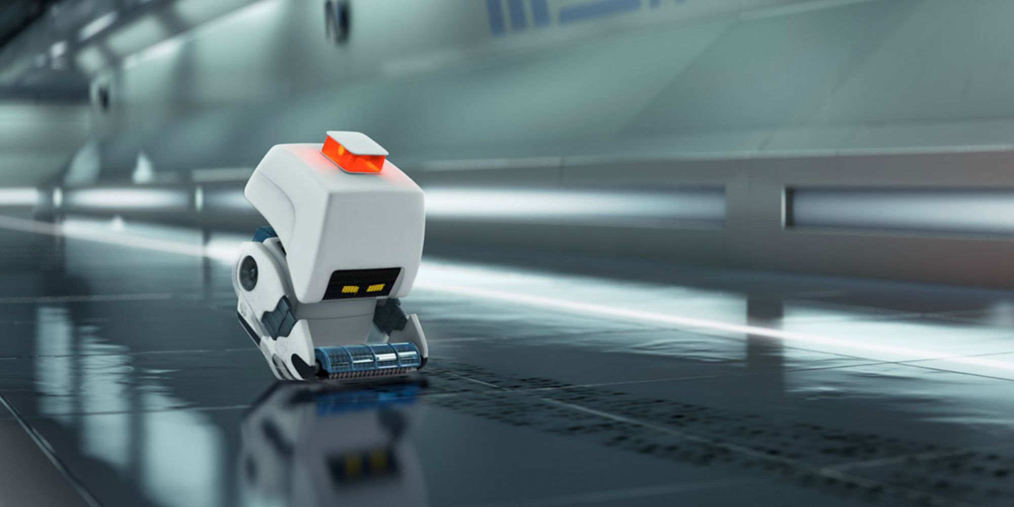 wall-e m-o from pixar's movie cleaning tire tracks off of the floor