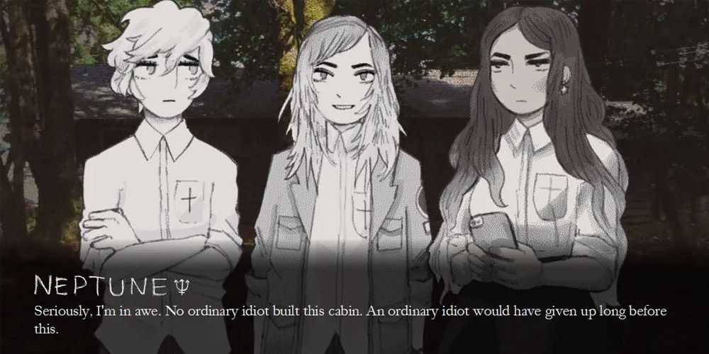 We Know the Devil main characters stand outside a cabin