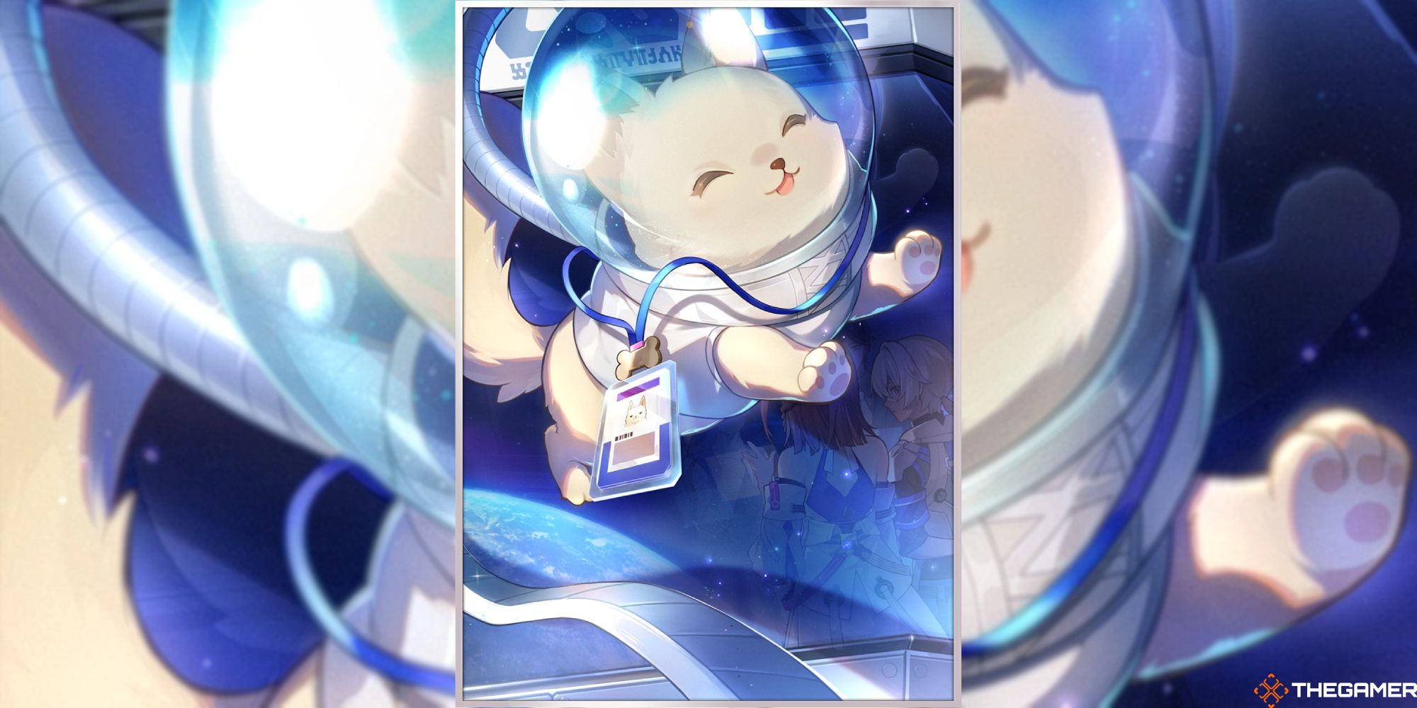 An image of the Woof! Walk Time! Light Cone artwork from Honkai Star Rail which showcases Peppy traveling in a spacesuit.