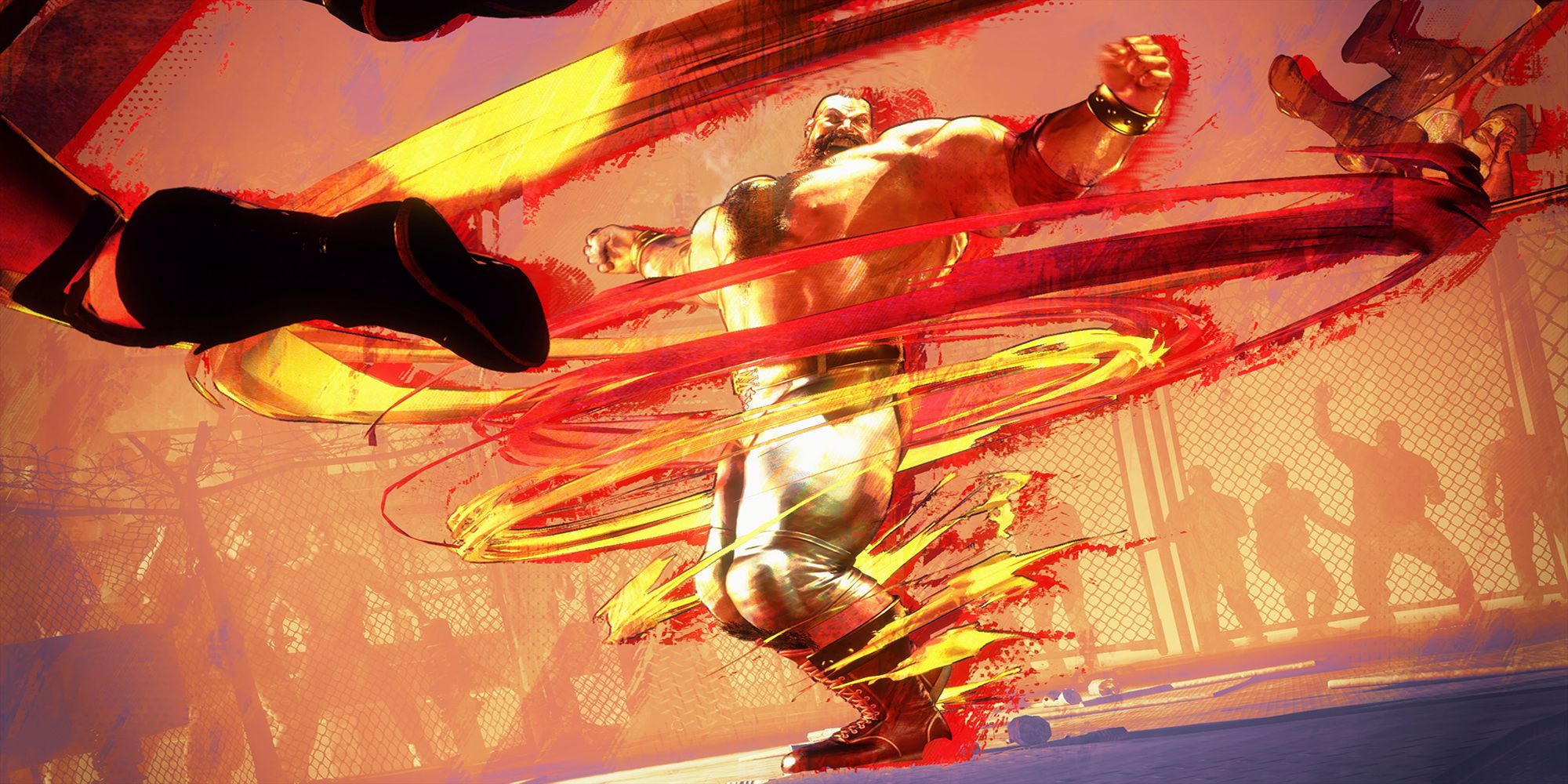 Zangief fends off two Russian wrestlers with a Double Lariat at Barmaley Steelworks during a scene from Street Fighter 6 World Tour.