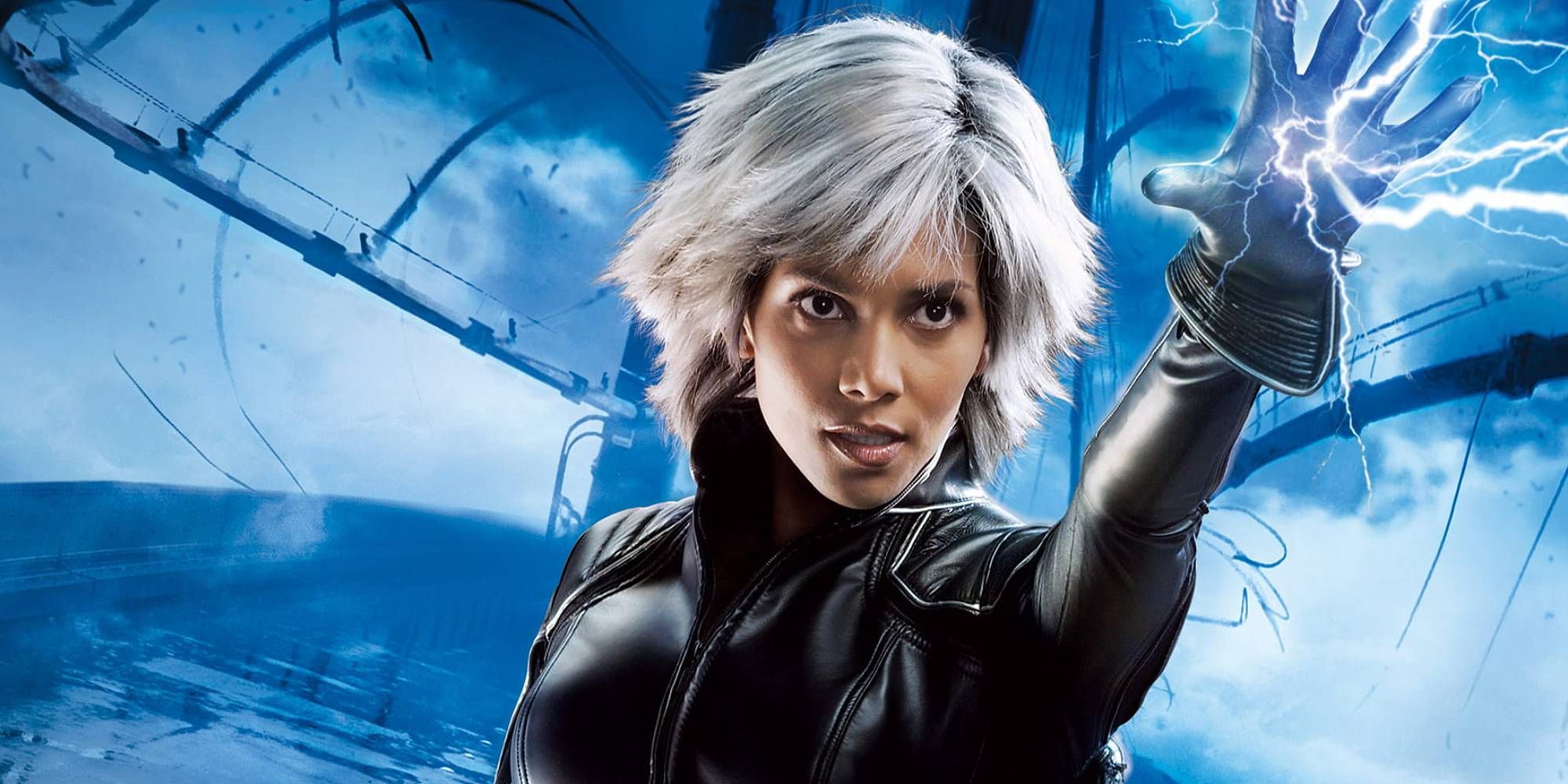 Halle Berry as Storm from X-Men posing as lightning flows from her hand