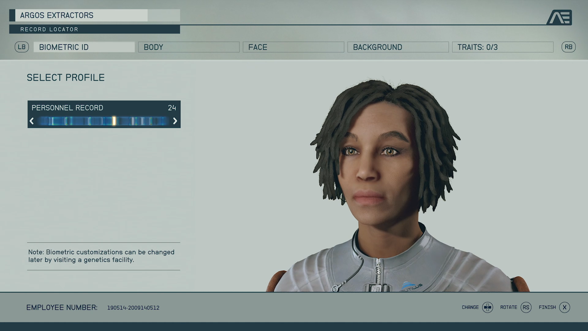 Starfield character creator's biometric ID tab showing the "personnel record", which is a list of pre-built characters