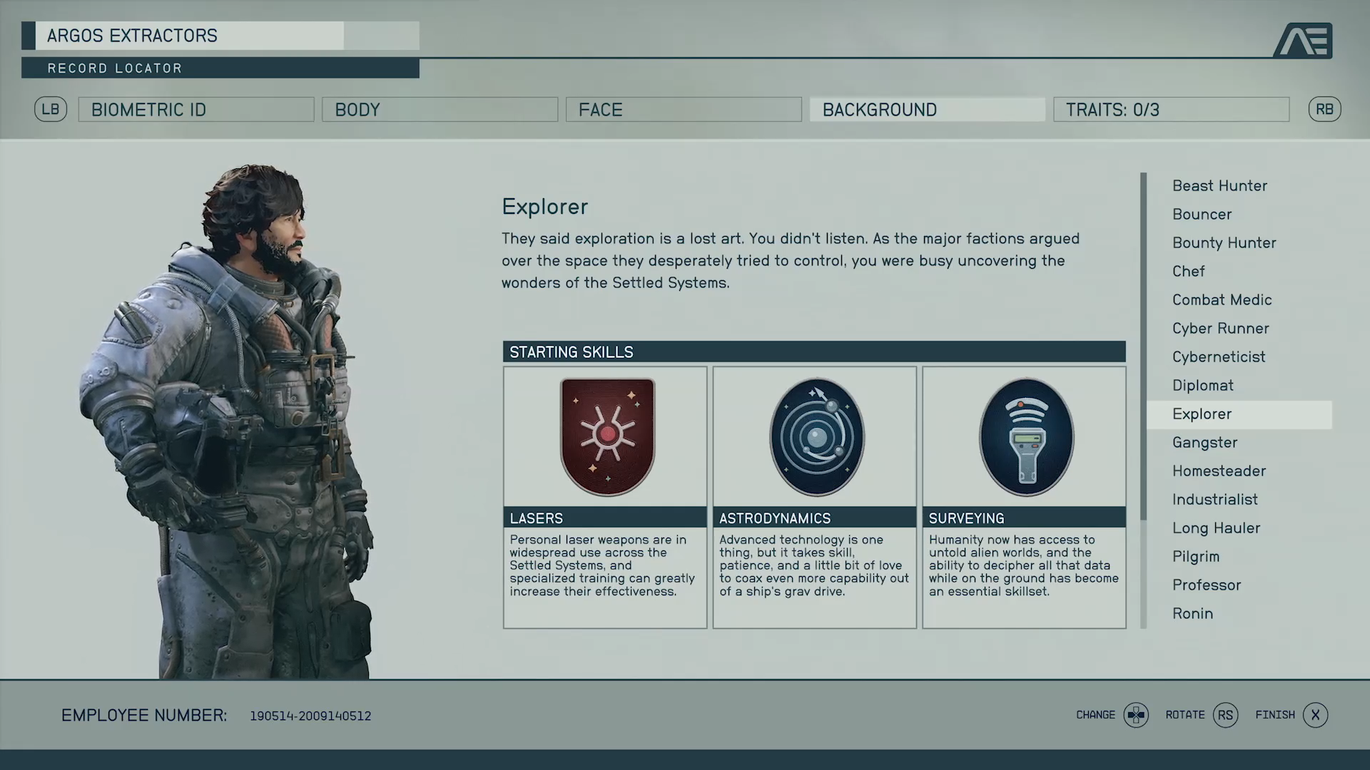 Starfield character creator's background tab showing the Explorer starting skills, which are lasers, astrodynamics, and surveying. On the right, there is a list of other background options