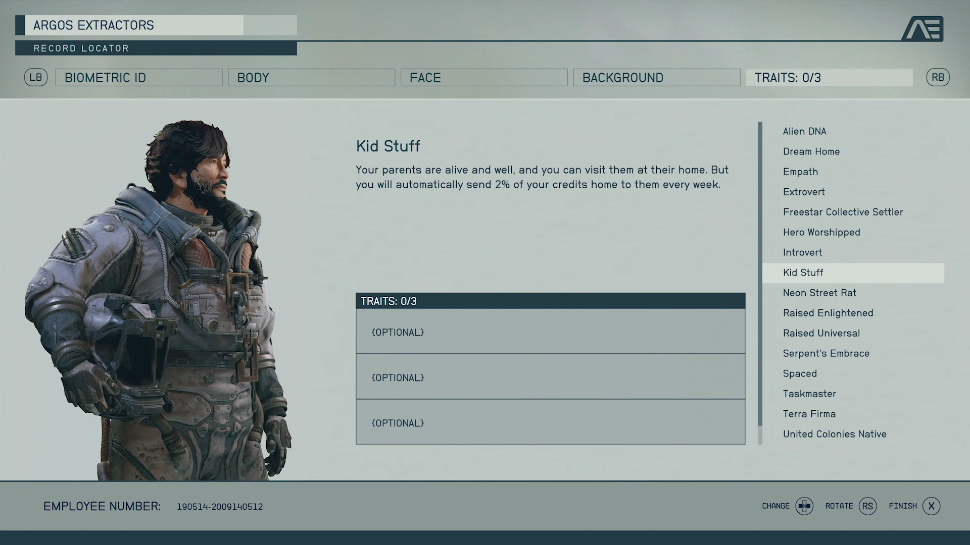 Starfield character standing next to a box that lists three empty "optional" traits, with a list on the right showing each option