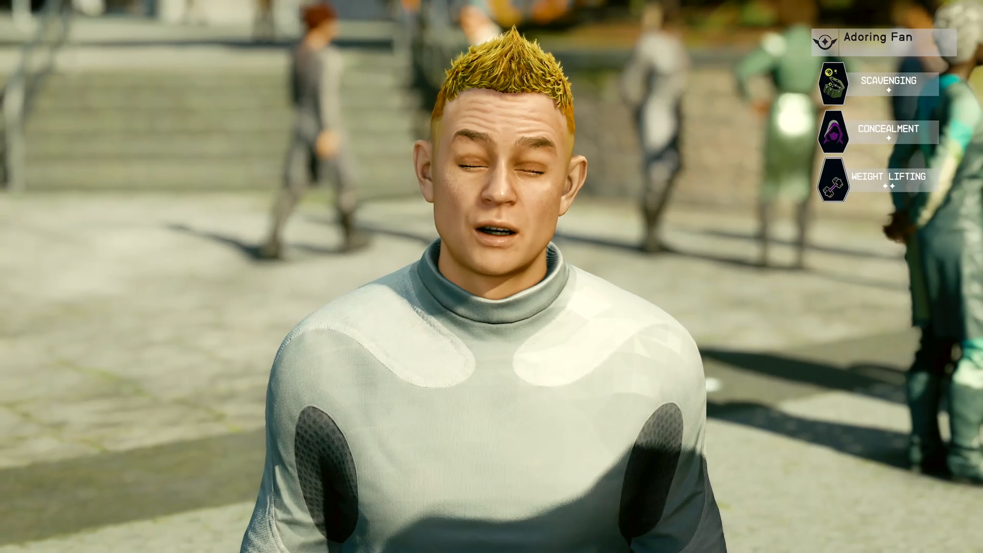 Starfield picture of "Adoring Fan", a reference to Oblivion's character. They're in a grey sci-fi sweater with spiked blonde hair.