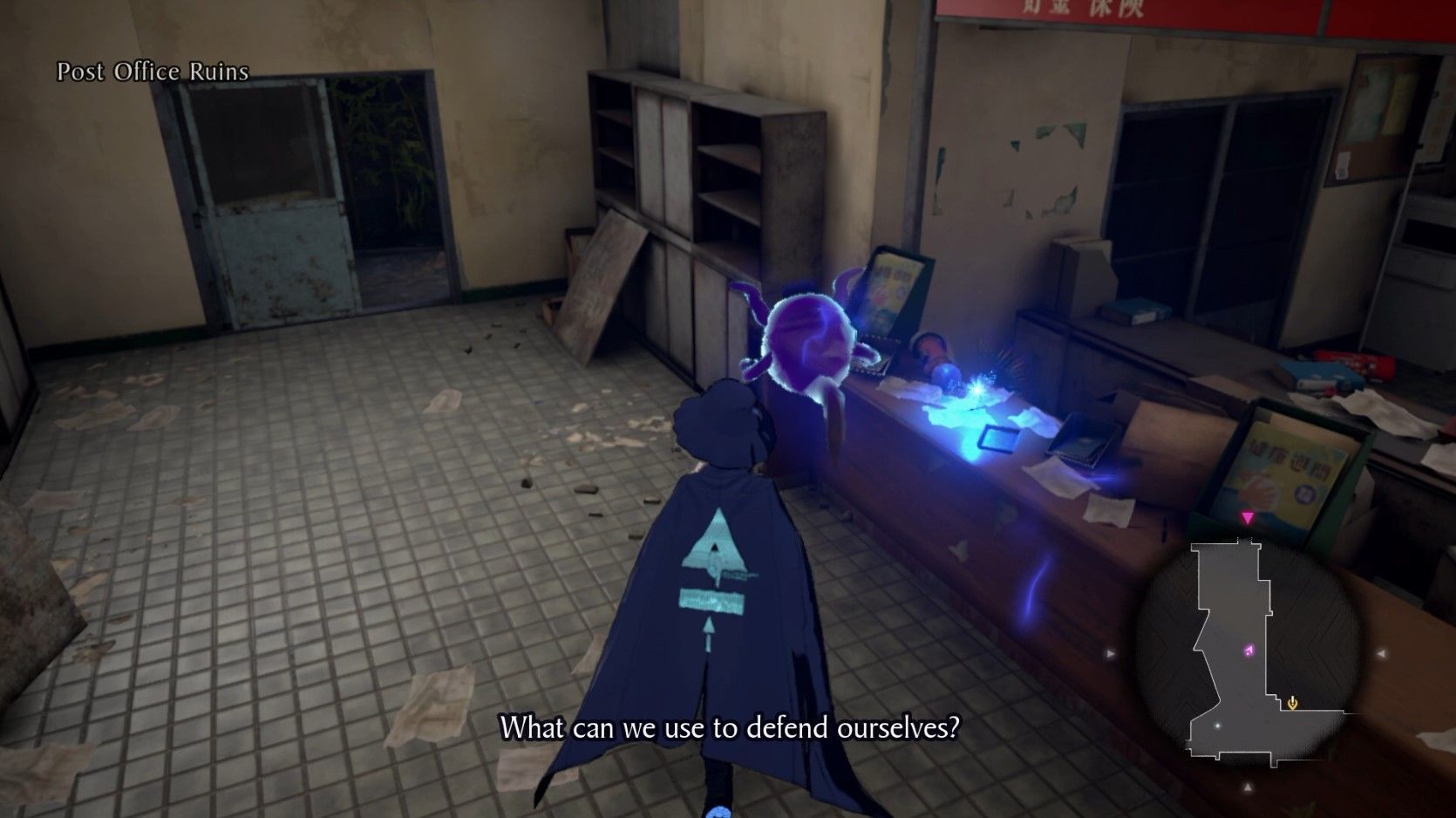 Yuma and Shinigami beside the fifth Amethyst Memory Shard location in Master Detective Archives Rain Code.