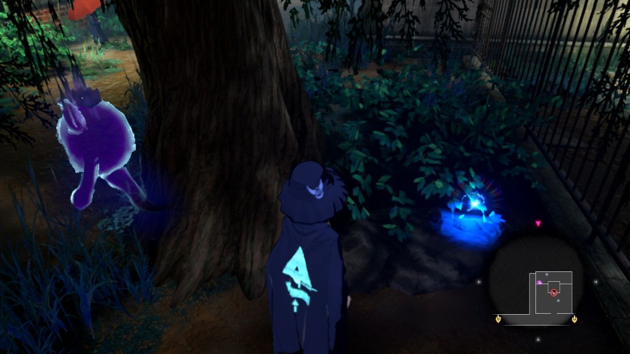 Yuma and Shinigami beside the first amethyst Memory Shard location in Master Detective Archives Rain Code.