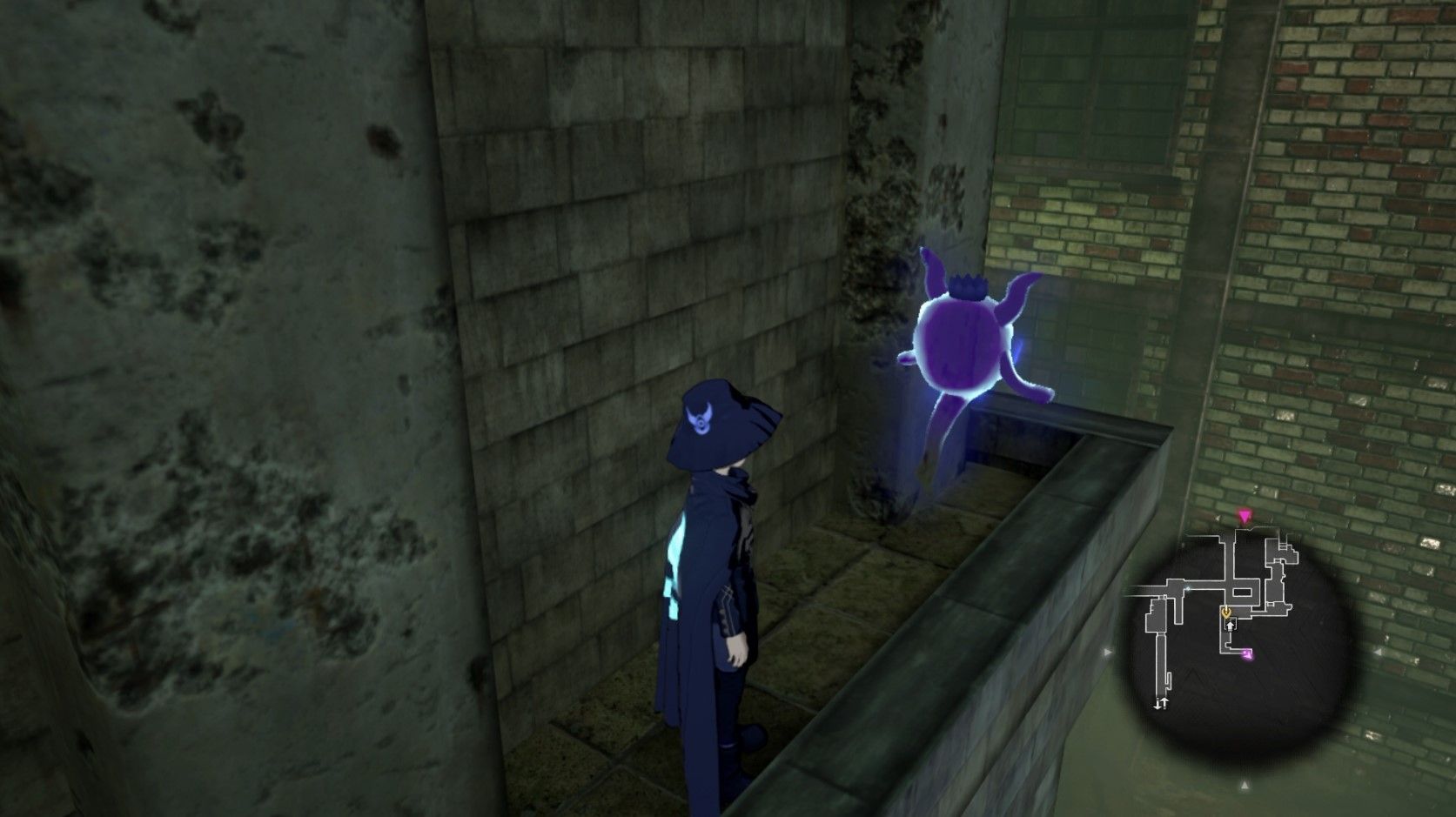 Yuma and Shinigami beside the fourth Amethyst Memory Shard location in Master Detective Archives Rain Code.