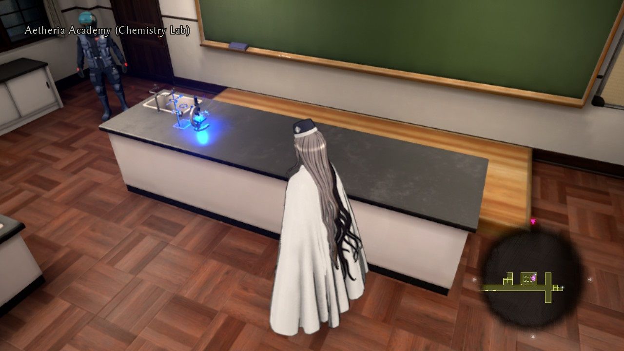 Yumi disguised as Martina in the chemistry lab near a Memory Shard in Master Detective Archives Rain Code.