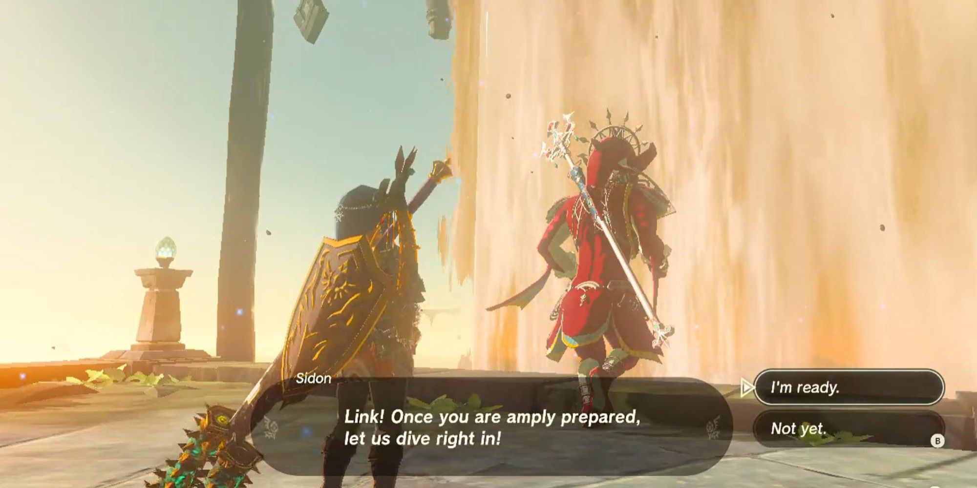 Zelda bug with Link and Sidon by a waterfall