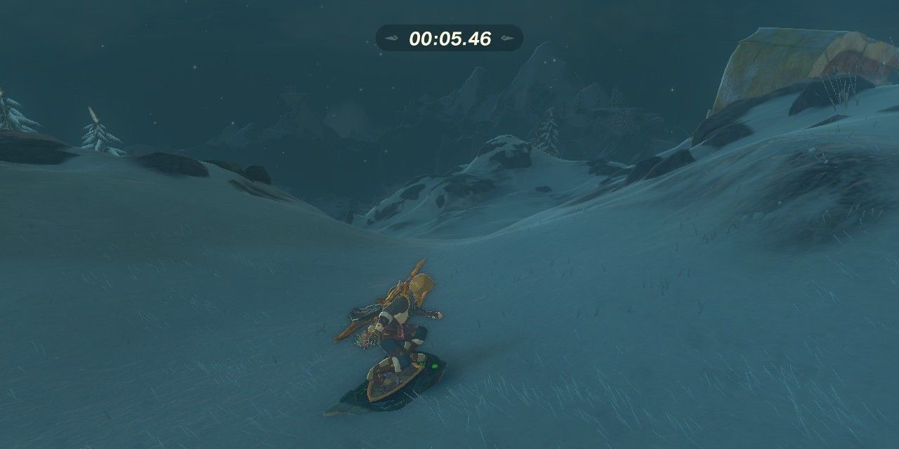 Zelda Tears of the Kingdom screenshot of Link participating in the shield surfing minigame on the Hebra Mountains, with a countdown clock reading "00:05:46".