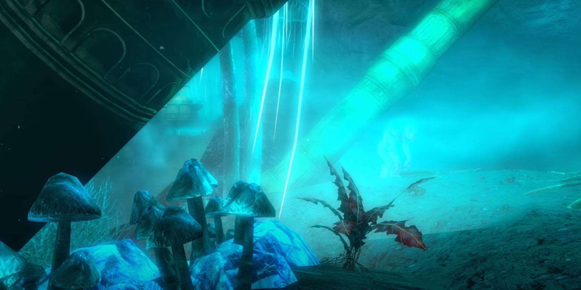 A Crimson Nirnroot in the glowy, hazy depths of Blackreach in Skyrim.