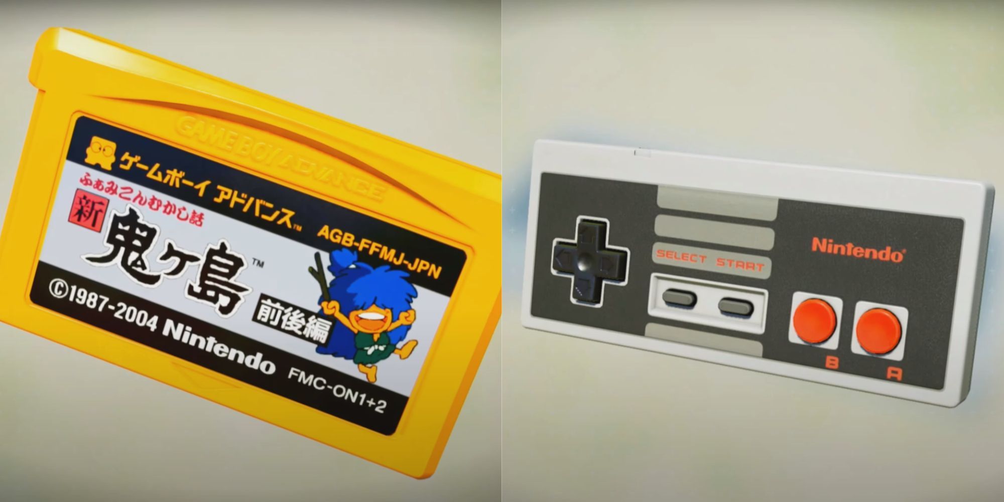 A split image of a yellow Game Boy Advance cartridge and a mostly black and grey NES controller.