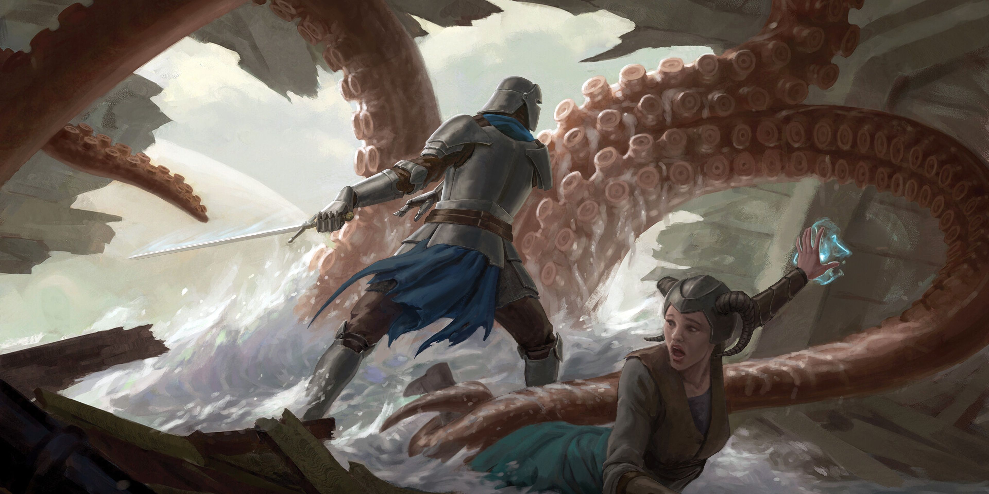a knight and a sorceress fight off giant tentacles
