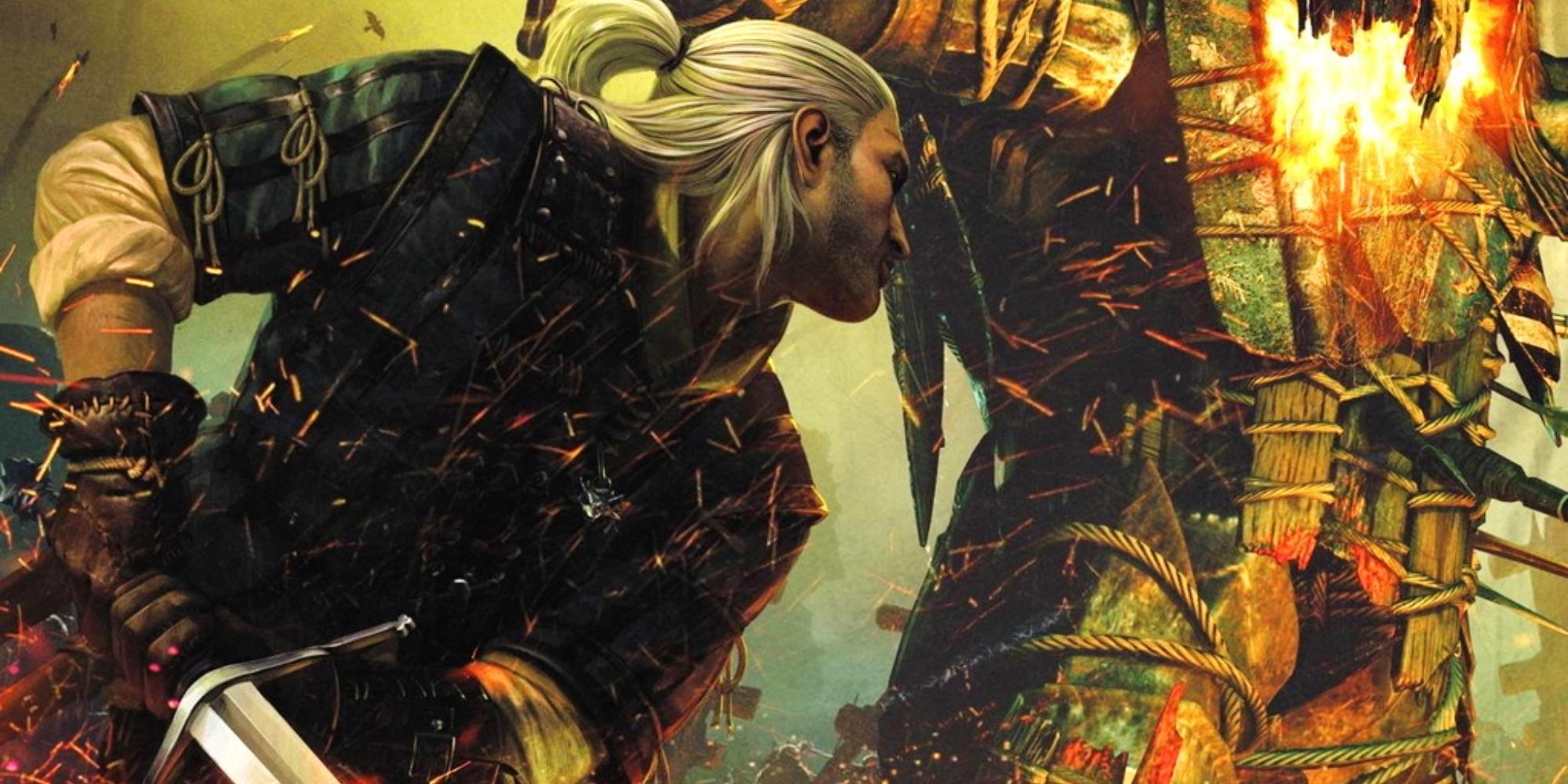 Geralt slashes at a burning figure on the book art for Baptism of Fire