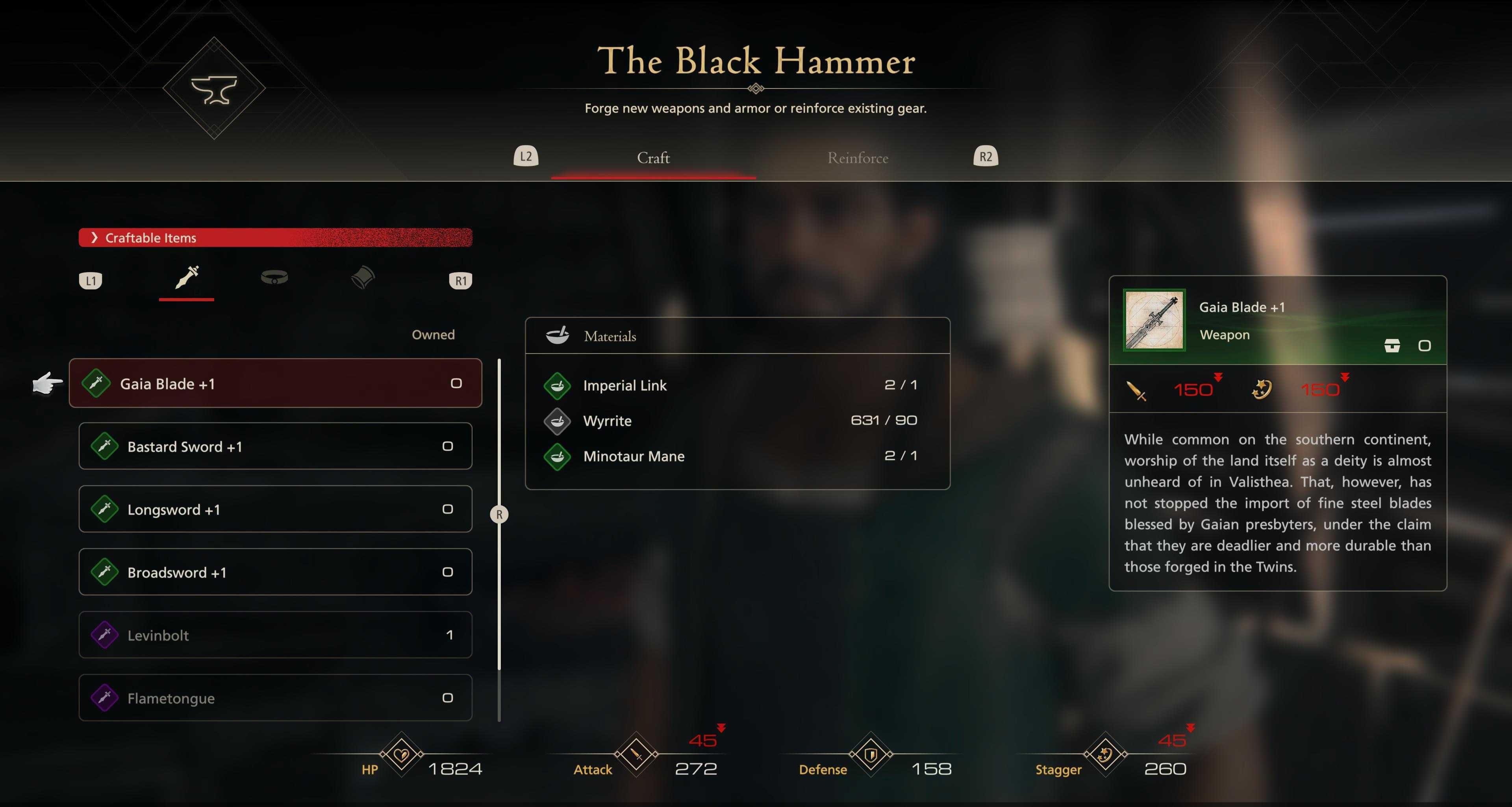 Final Fantasy 16's crafting menu in The Black Hammer.