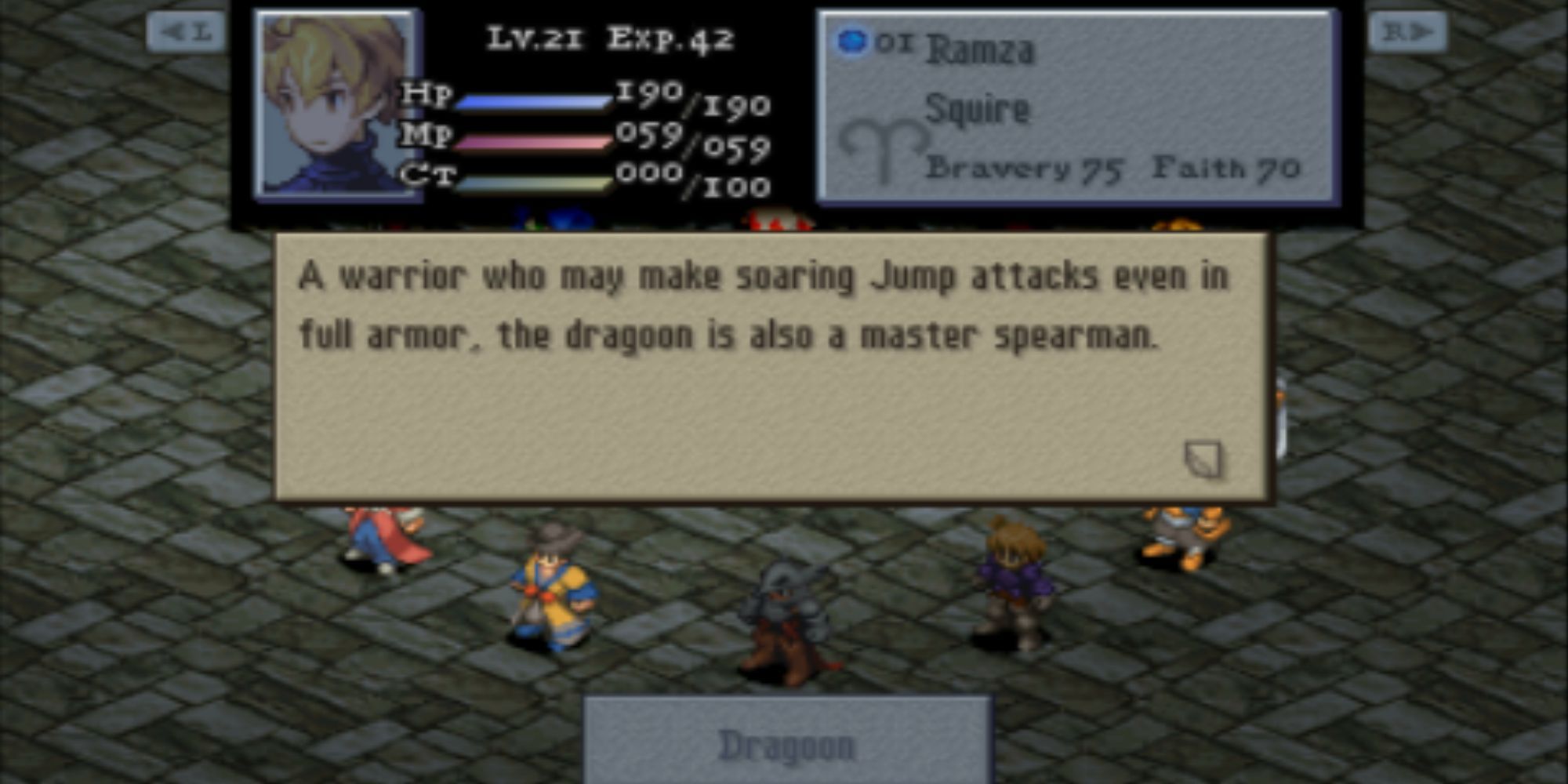 Dragoon job in the menu in Final Fantasy Tactics