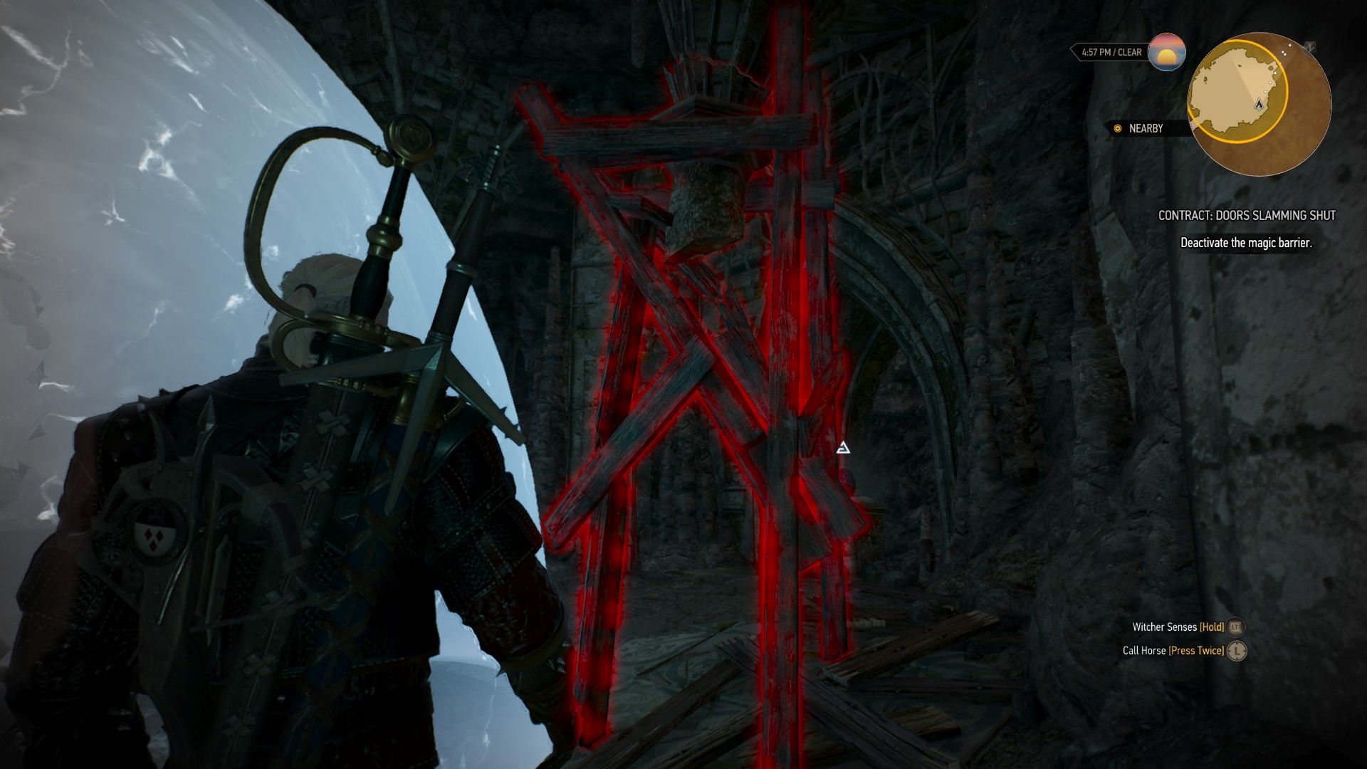 A screenshot of Geralt's Witcher Senses highlighting a set of wooden supports in red.