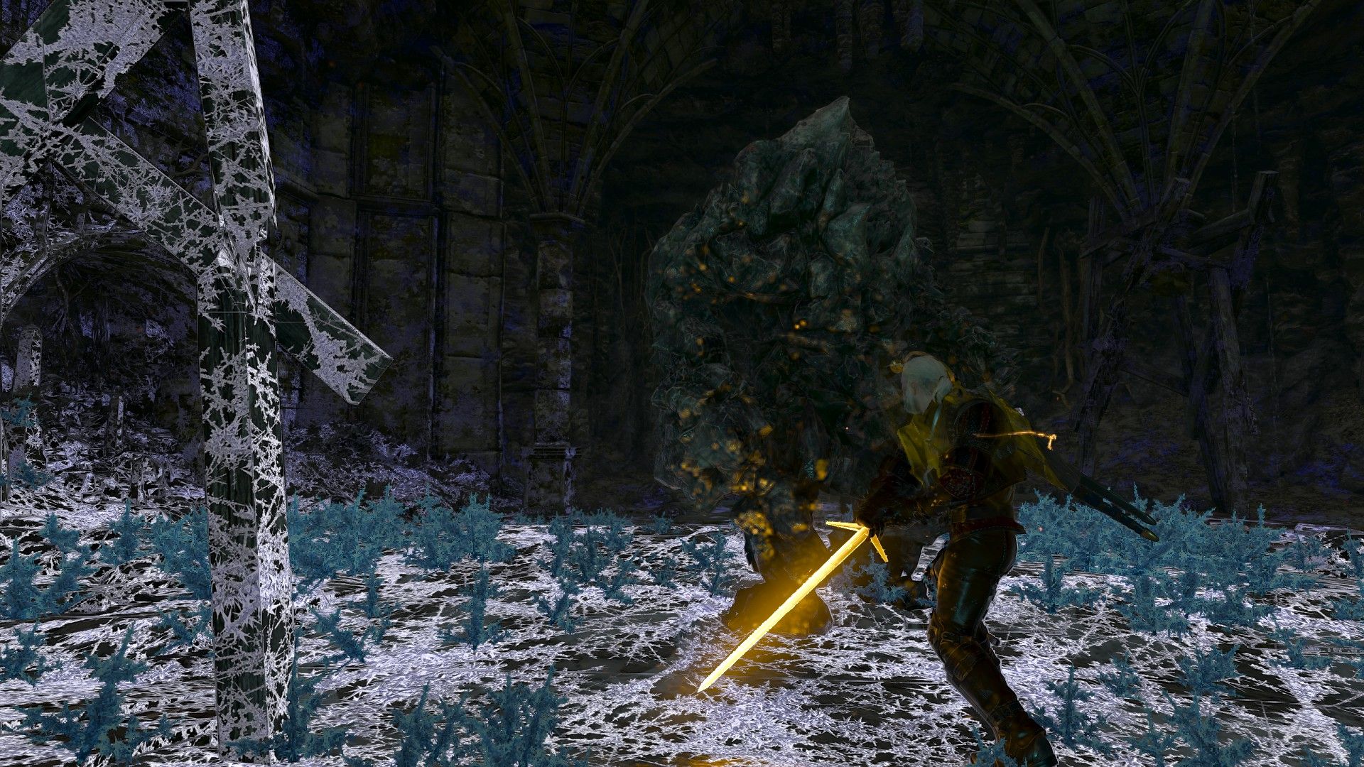 Geralt fights an elemental in a dark cave with his sword glowing brightly in a half-frozen room.