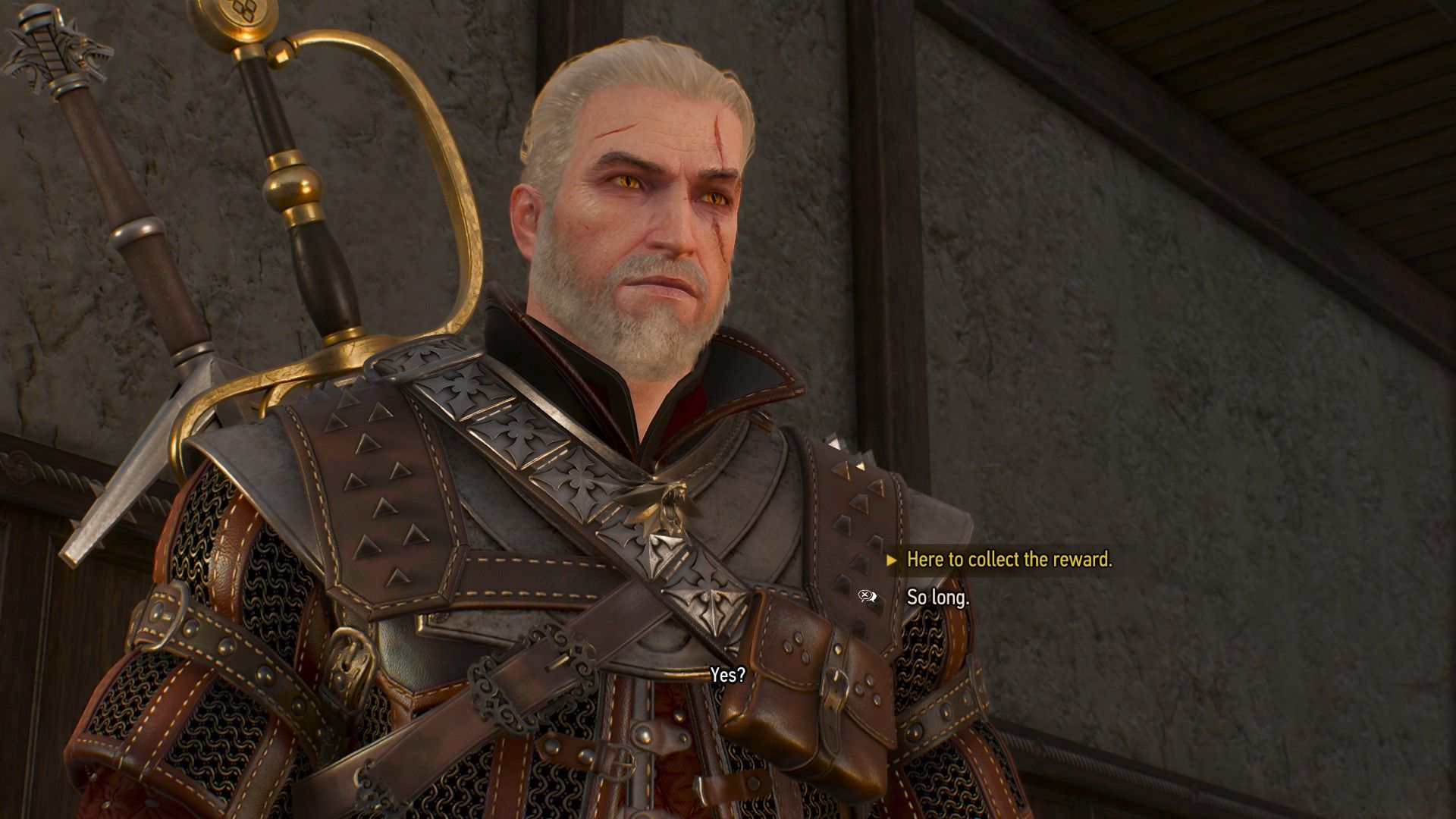 A screenshot of Geralt collecting a reward from a client.