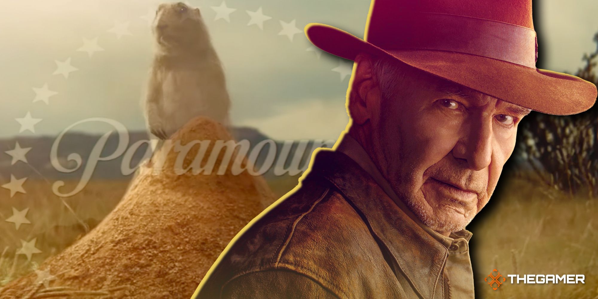 Harrison Ford as Indiana Jones on the right, with the prairie dog from Kingdom of the Crystal Skull on the left with the Paramount logo