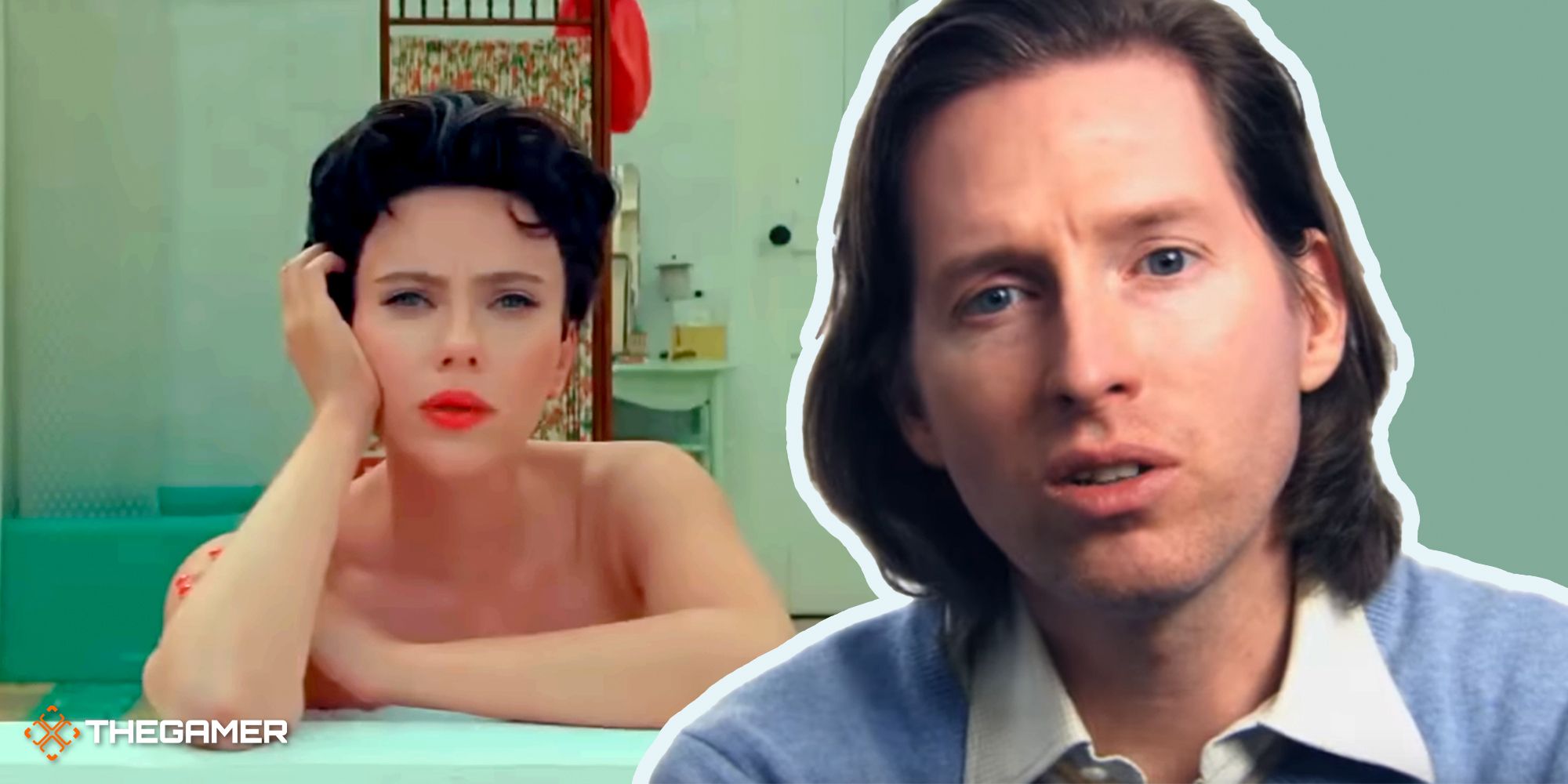 Scarlett Johansson in Asteroid City, with Wes Anderson's face superimposed to her left