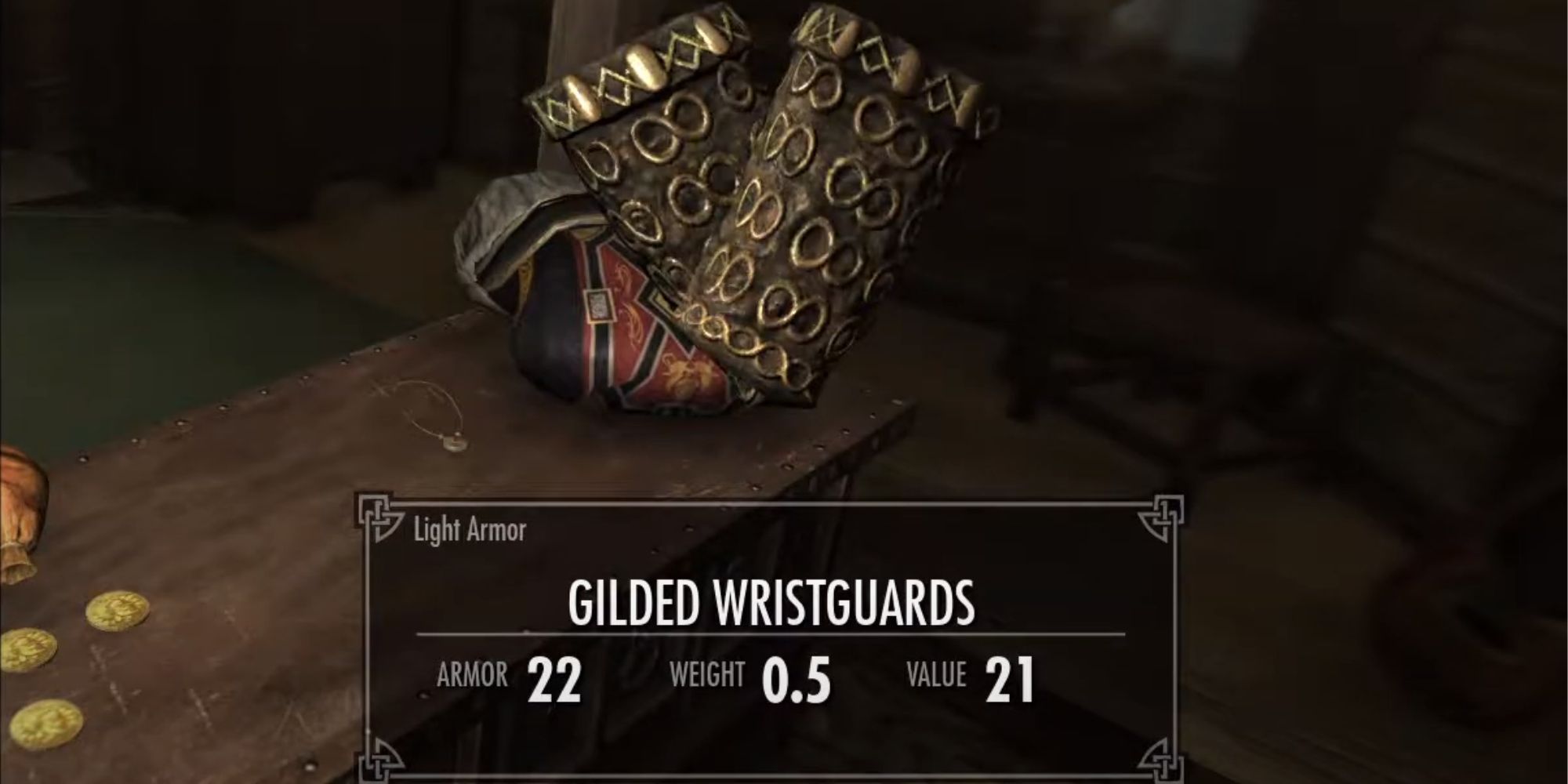 A unique pair of Gilded Wristguards found within a ship in Skyrim.