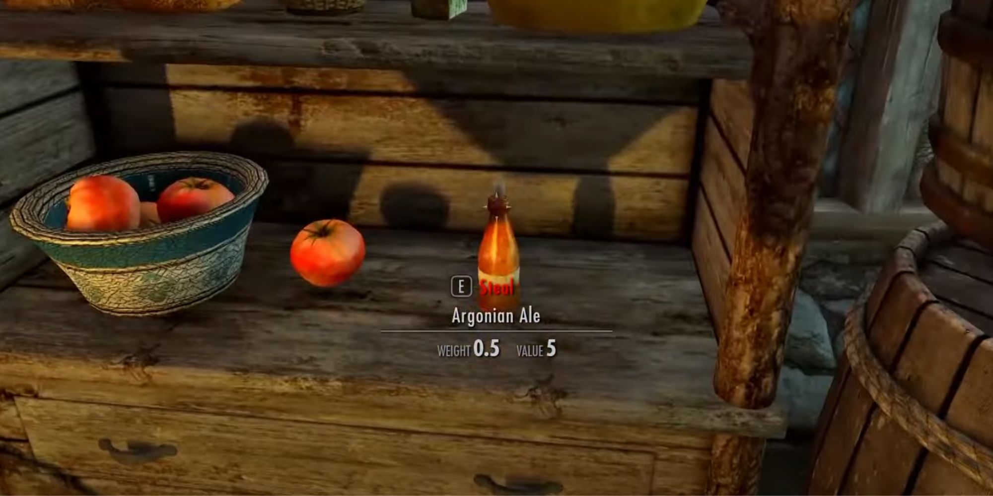 A player in sneak mode about to steal an Argonian Ale in Skyrim.