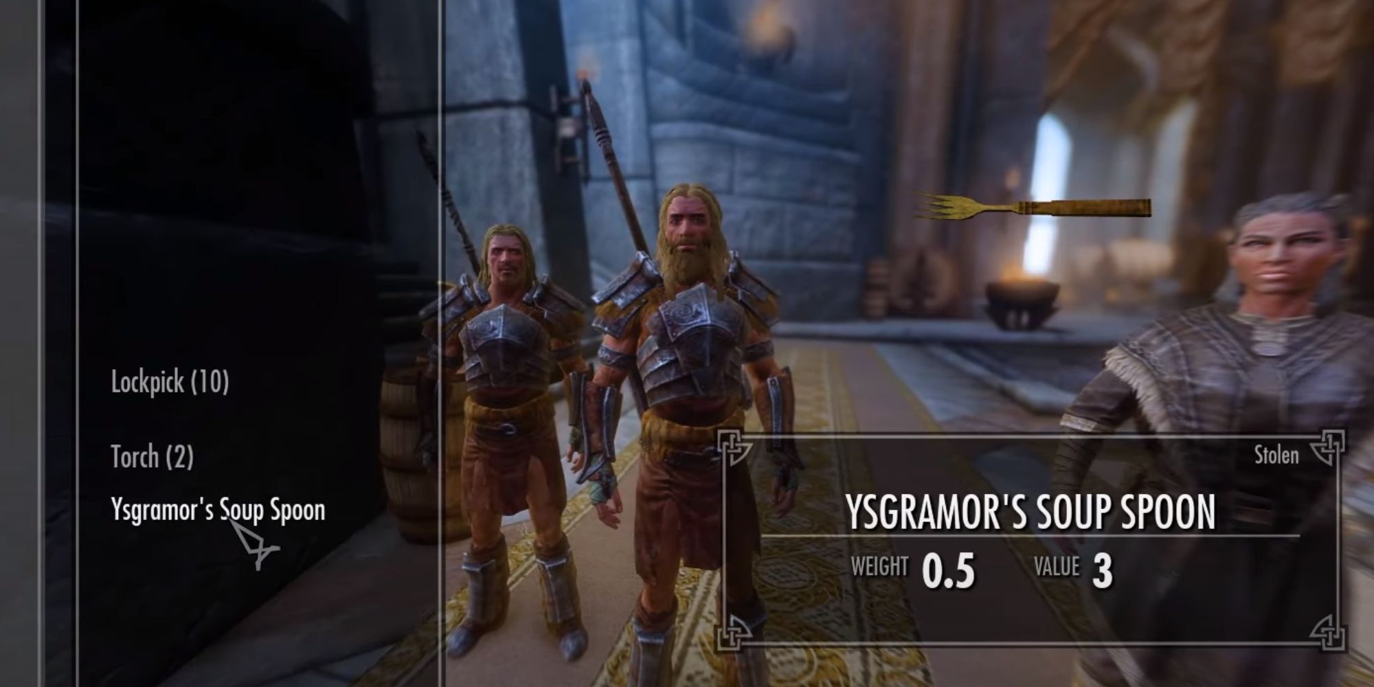 A player in Sovngarde looking at Ysgramor's Soup Spoon in Skyrim.
