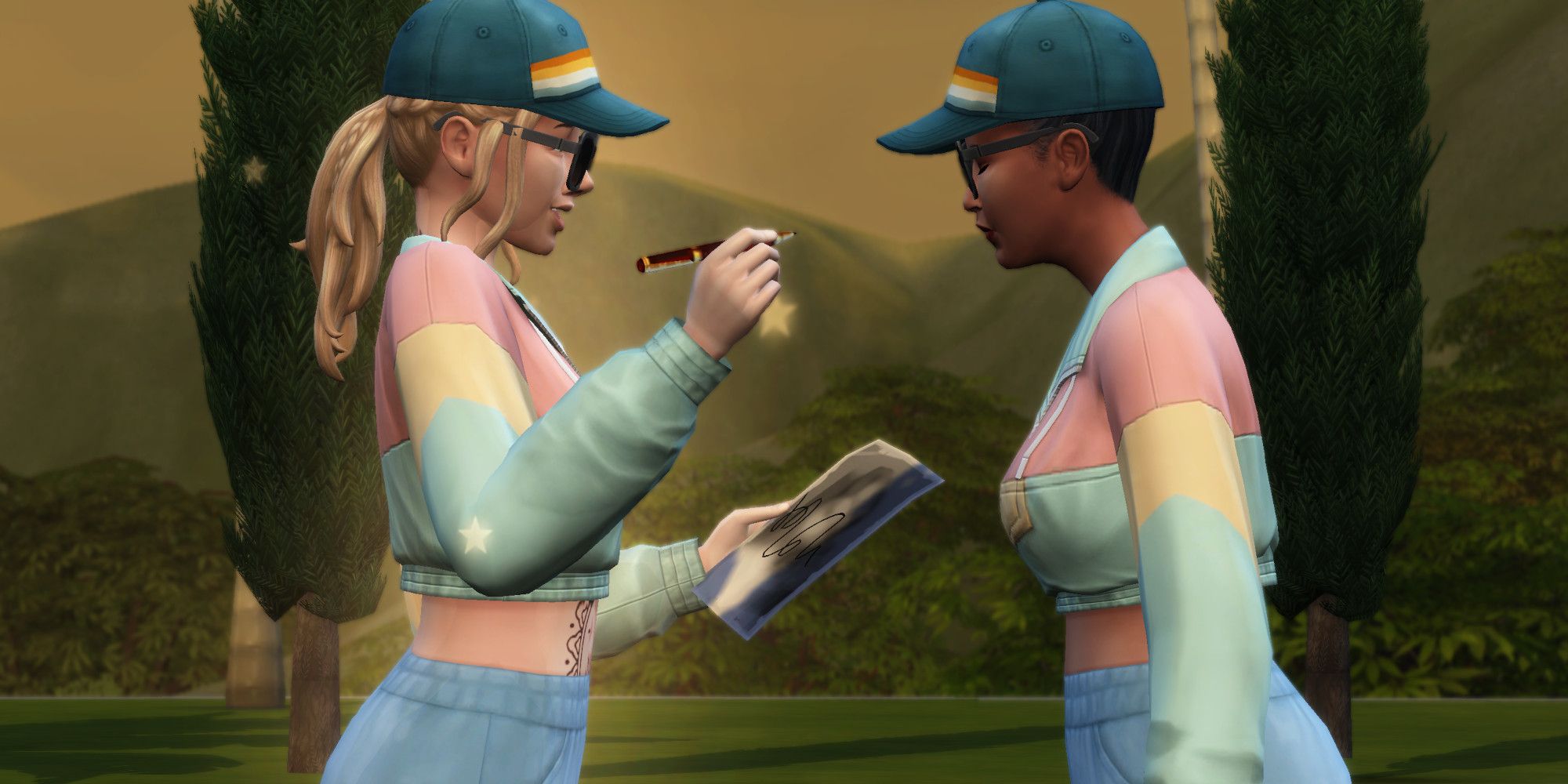 A celebrity Sim from The Sims 4 signing an autograph for another Sim