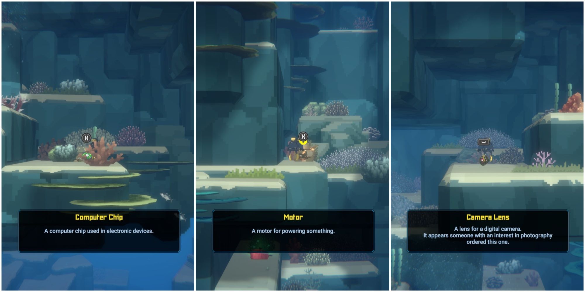 A collage of three images of Dave the Diver finding items.