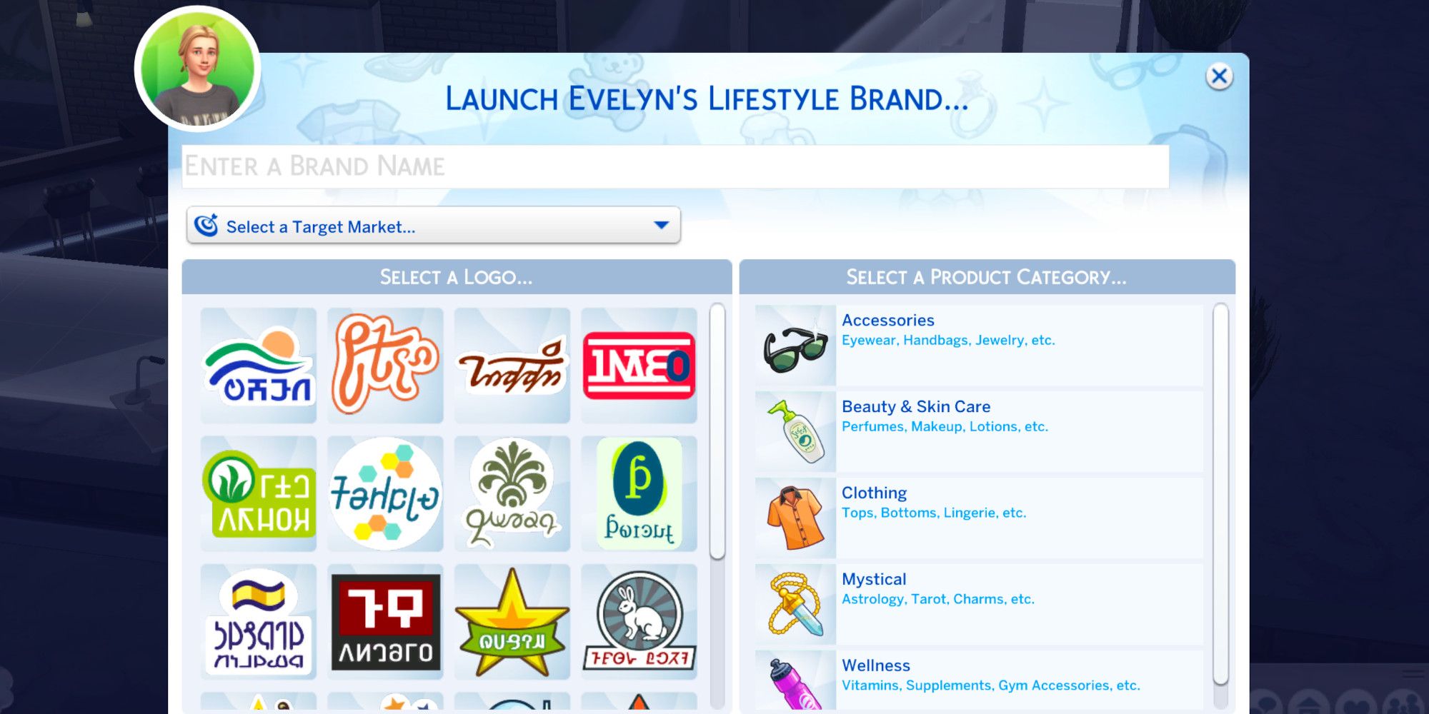A menu from The Sims 4 showing options to create a lifestyle brand