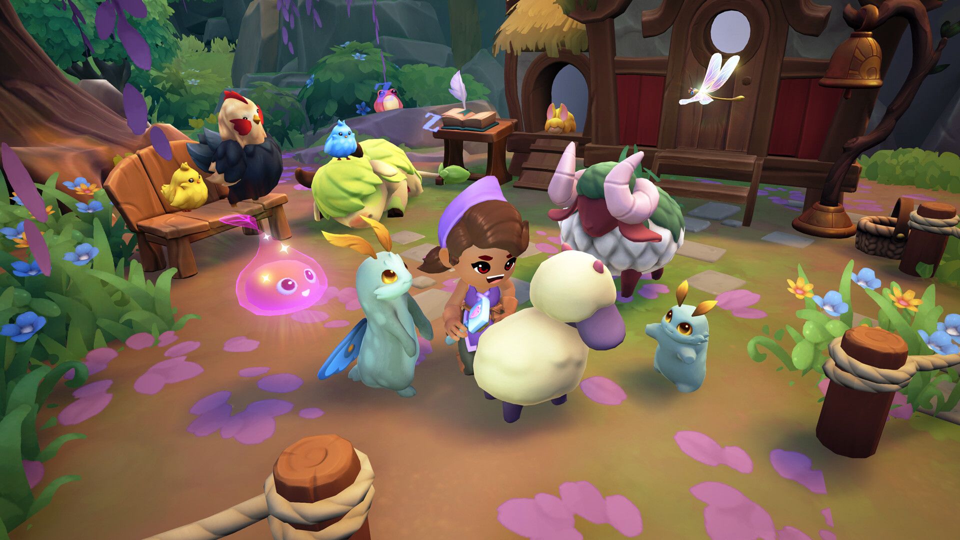 A player on the homestead surrounded by animals in Fae Farm.