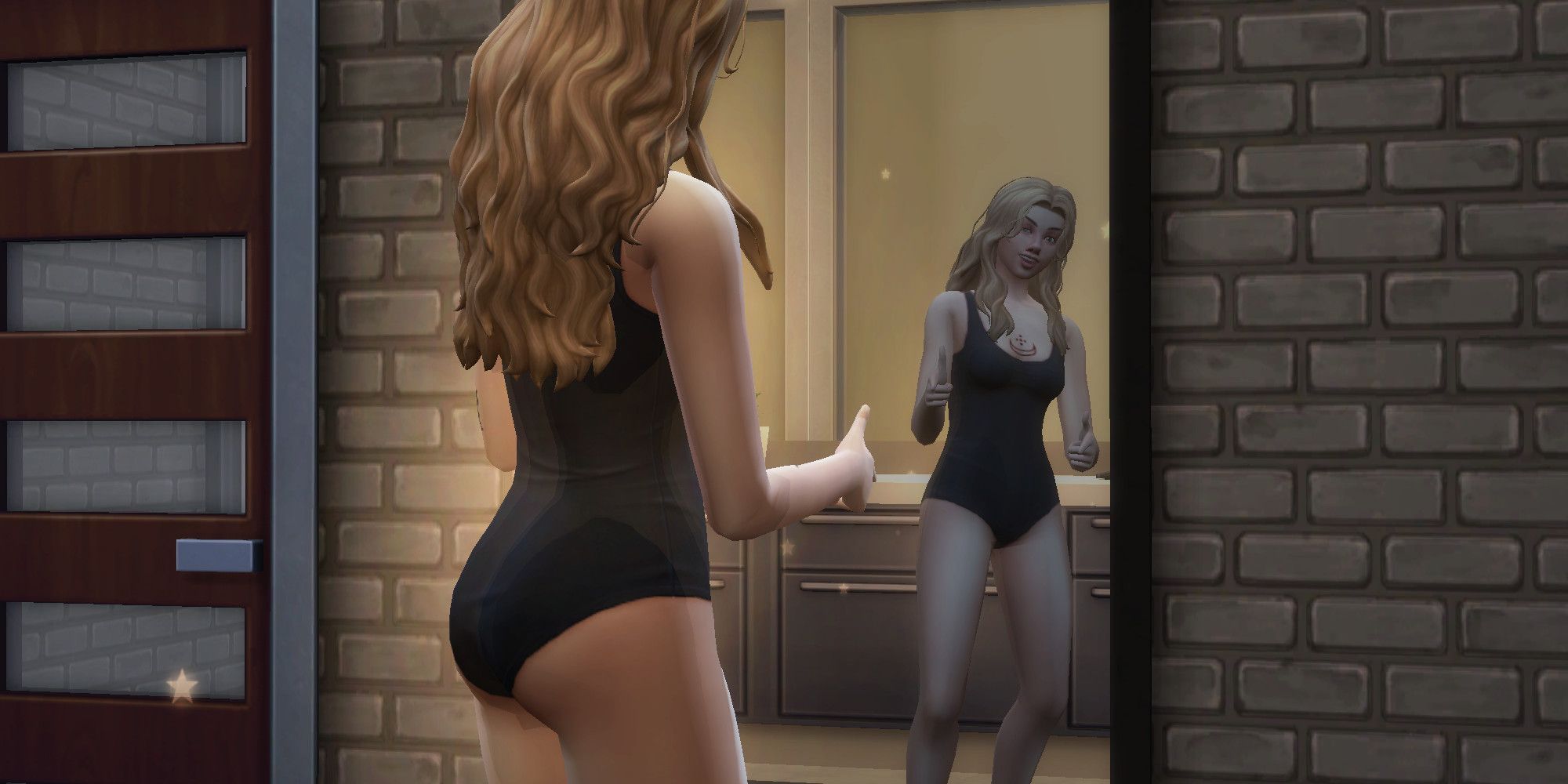 A Sim from the Sims 4 checks themself out in the mirror