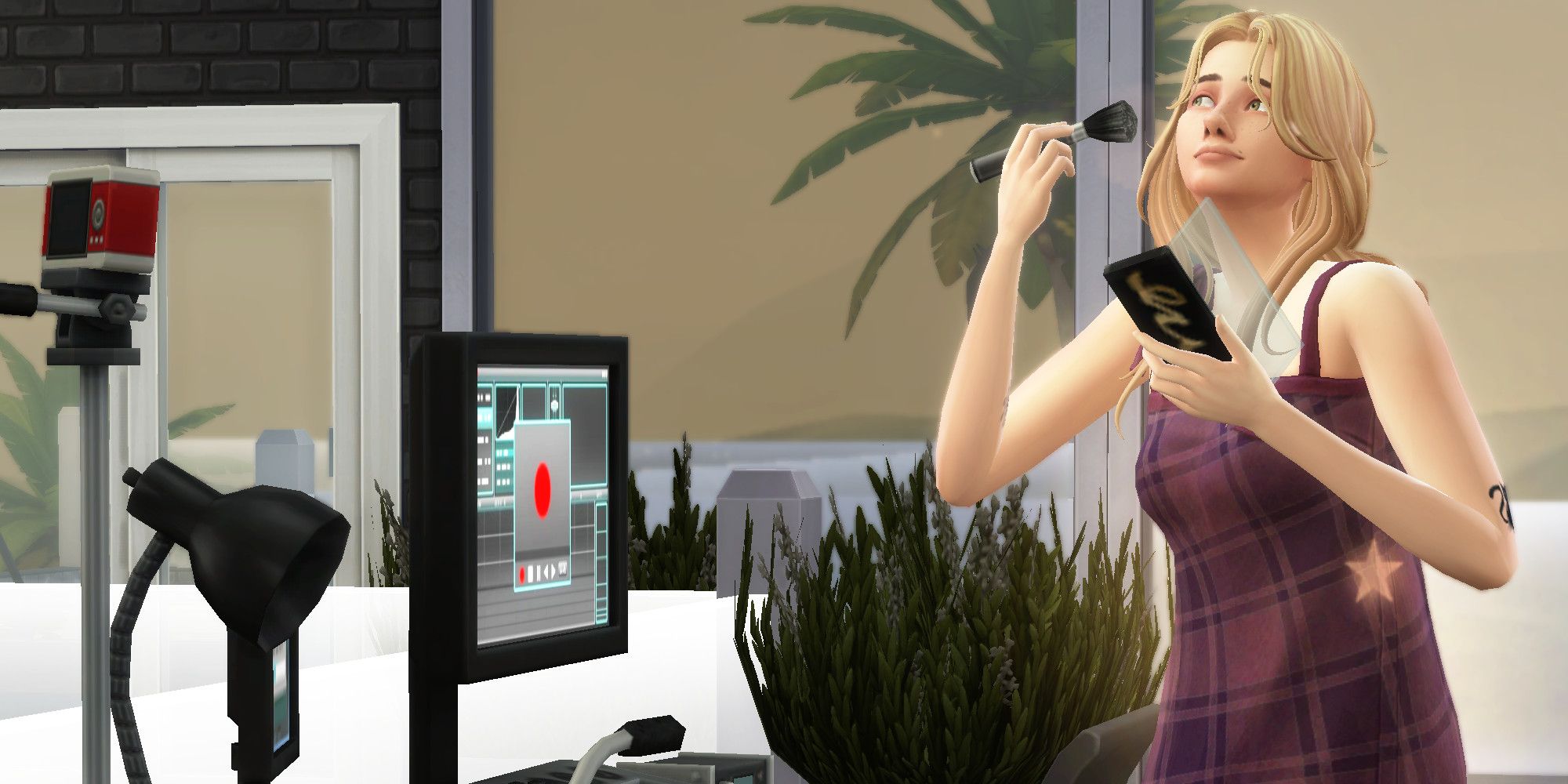 A Sim from The Sims 4 filming a video where they put on makeup