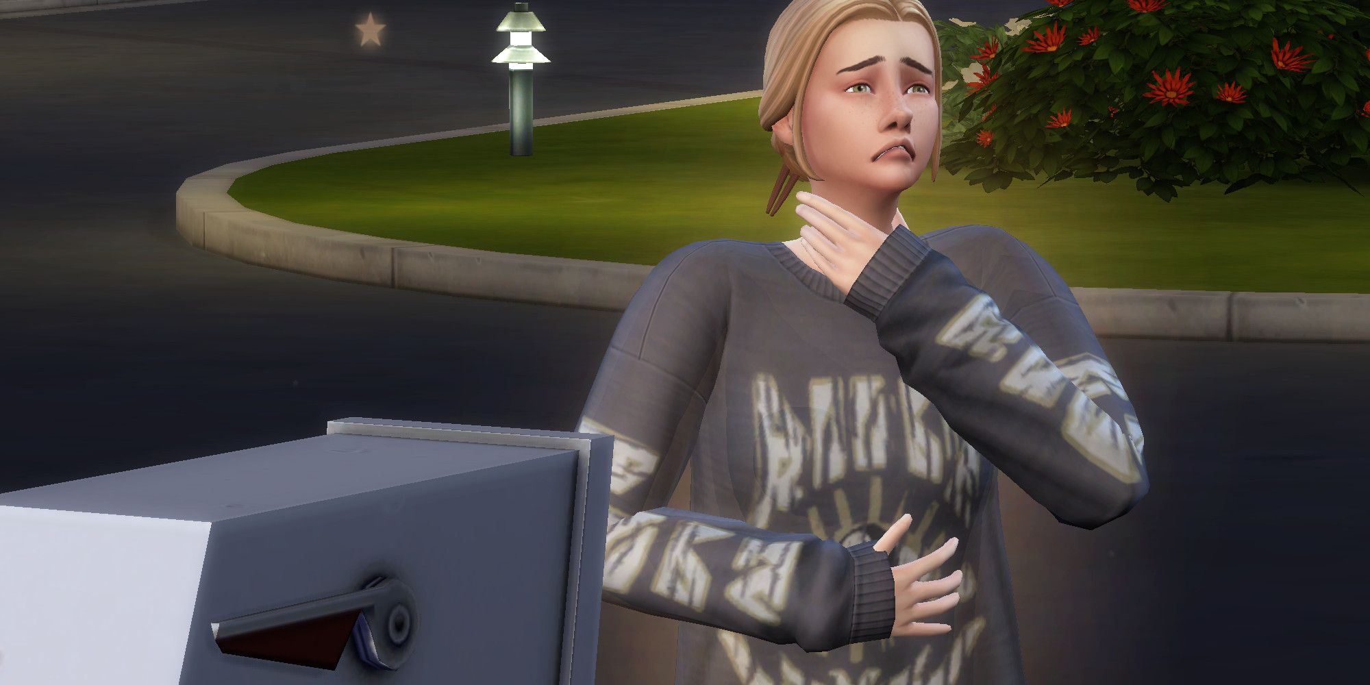 A Sim from The Sims 4 looks disgusted in front of their mailbox