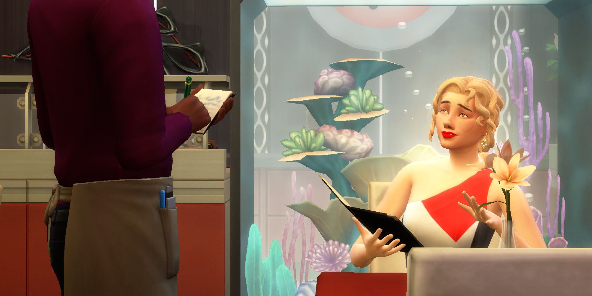 A Sim from The Sims 4 orders at a resturant