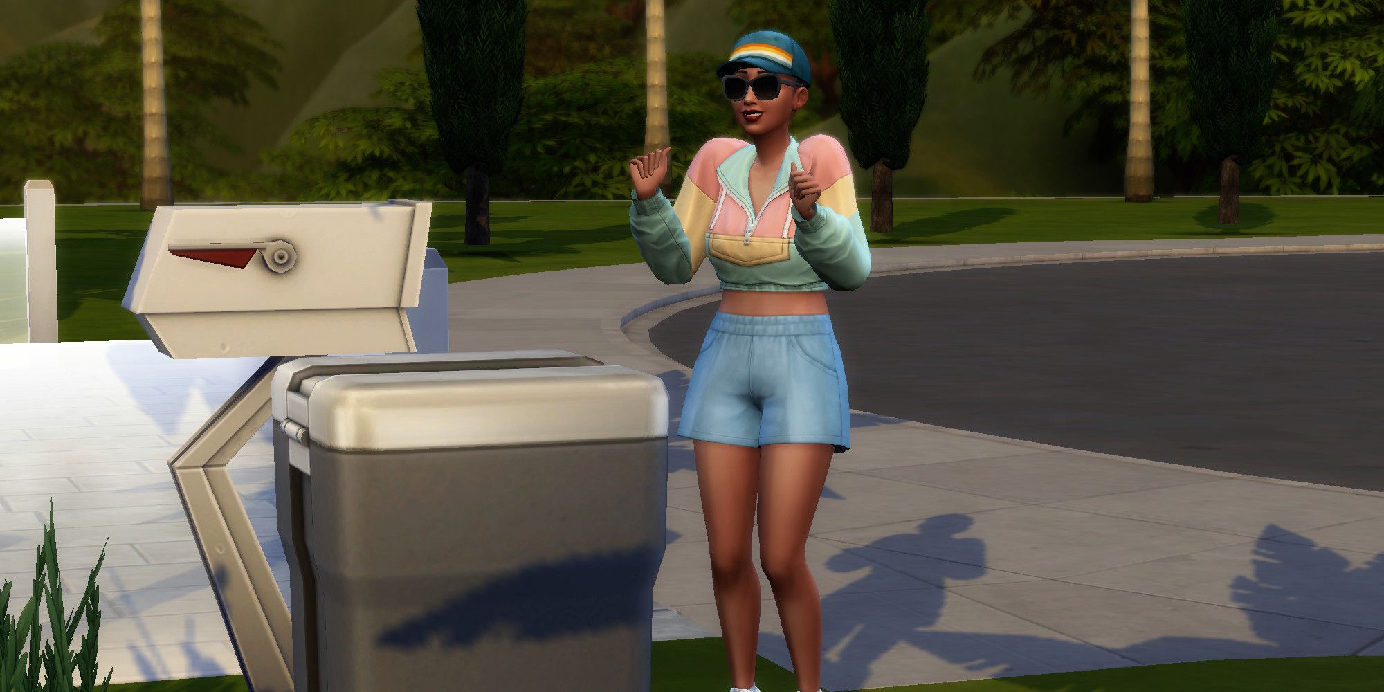 A Sim from The Sims 4 smiles in excitement as they look at a trashcan