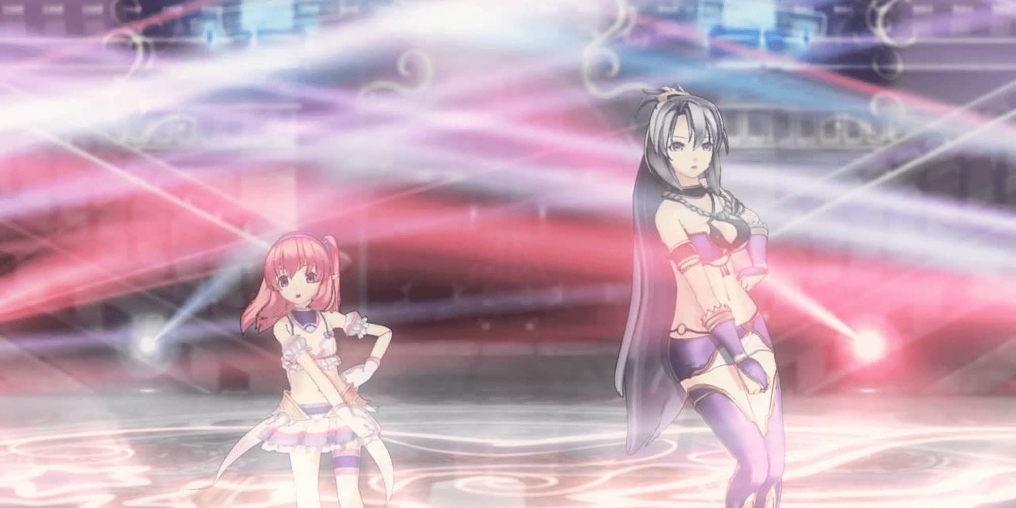 Two women assume a battle stance surrounded by beaming lights in Agarest: Generations Of War 2.