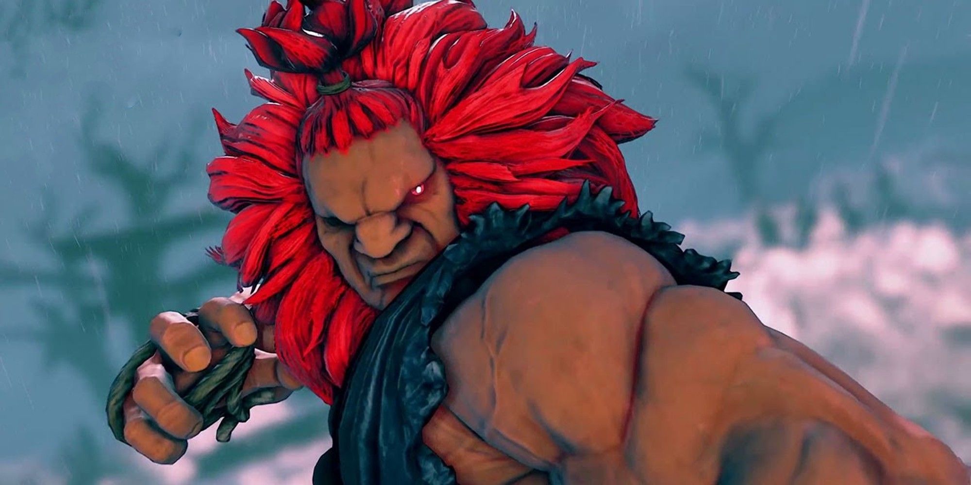 Akuma scowling and getting into fighting stance
