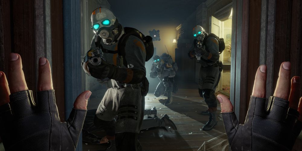 Alyx caught byCombine soldiers in a hallway