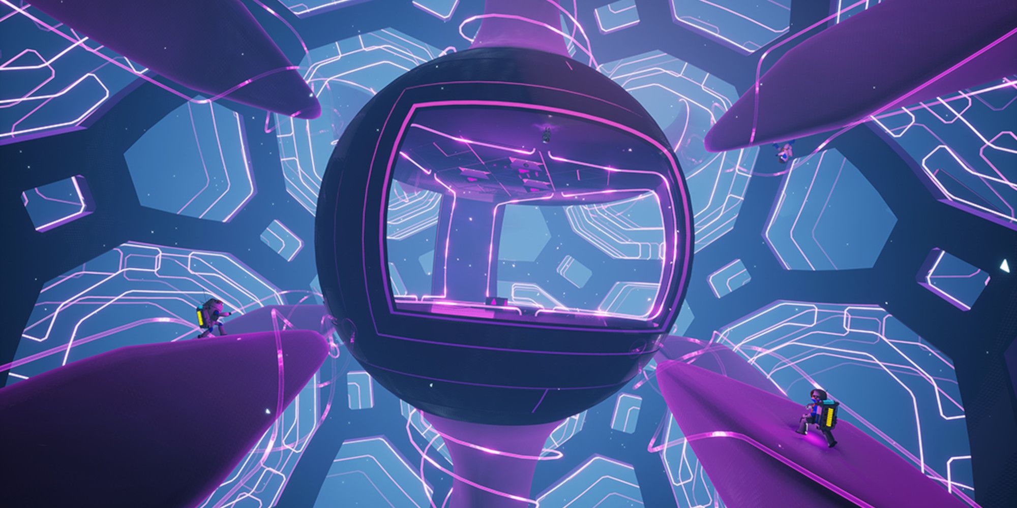 An image from Astroneer showing two players running through a futuristic map