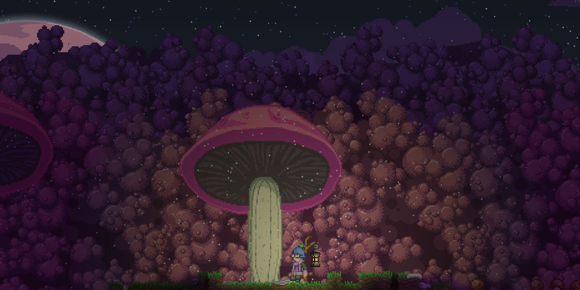 An image from Starbound showing a character standing next to a large mushroom