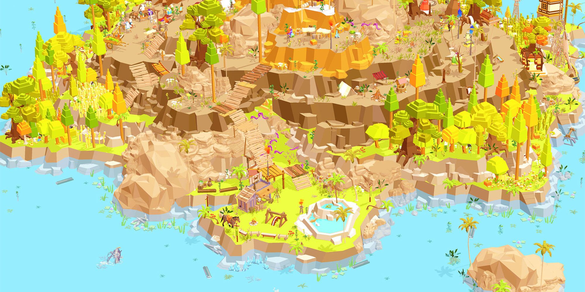 An image from Super Build showing an island full of tress, buildings, and creatures