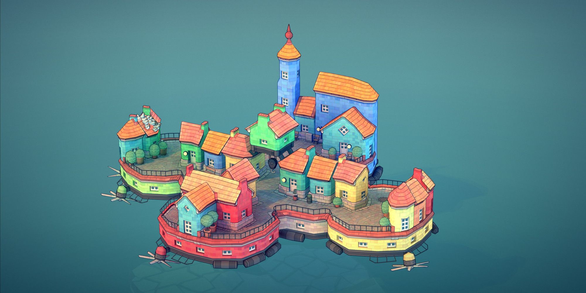 An image from Townscaper showing a small island of buildings