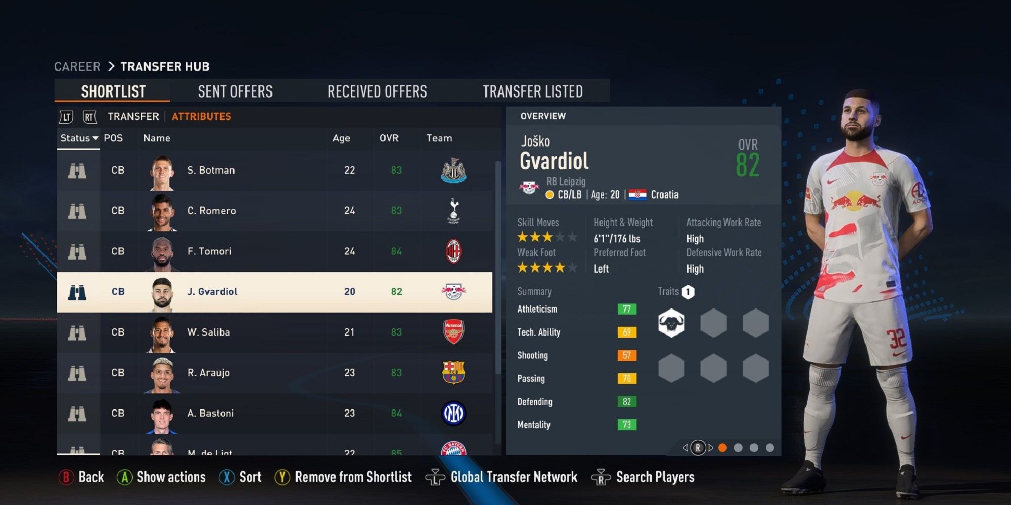 Josko Gvardiol standing next to his attribute card in FIFA 23.