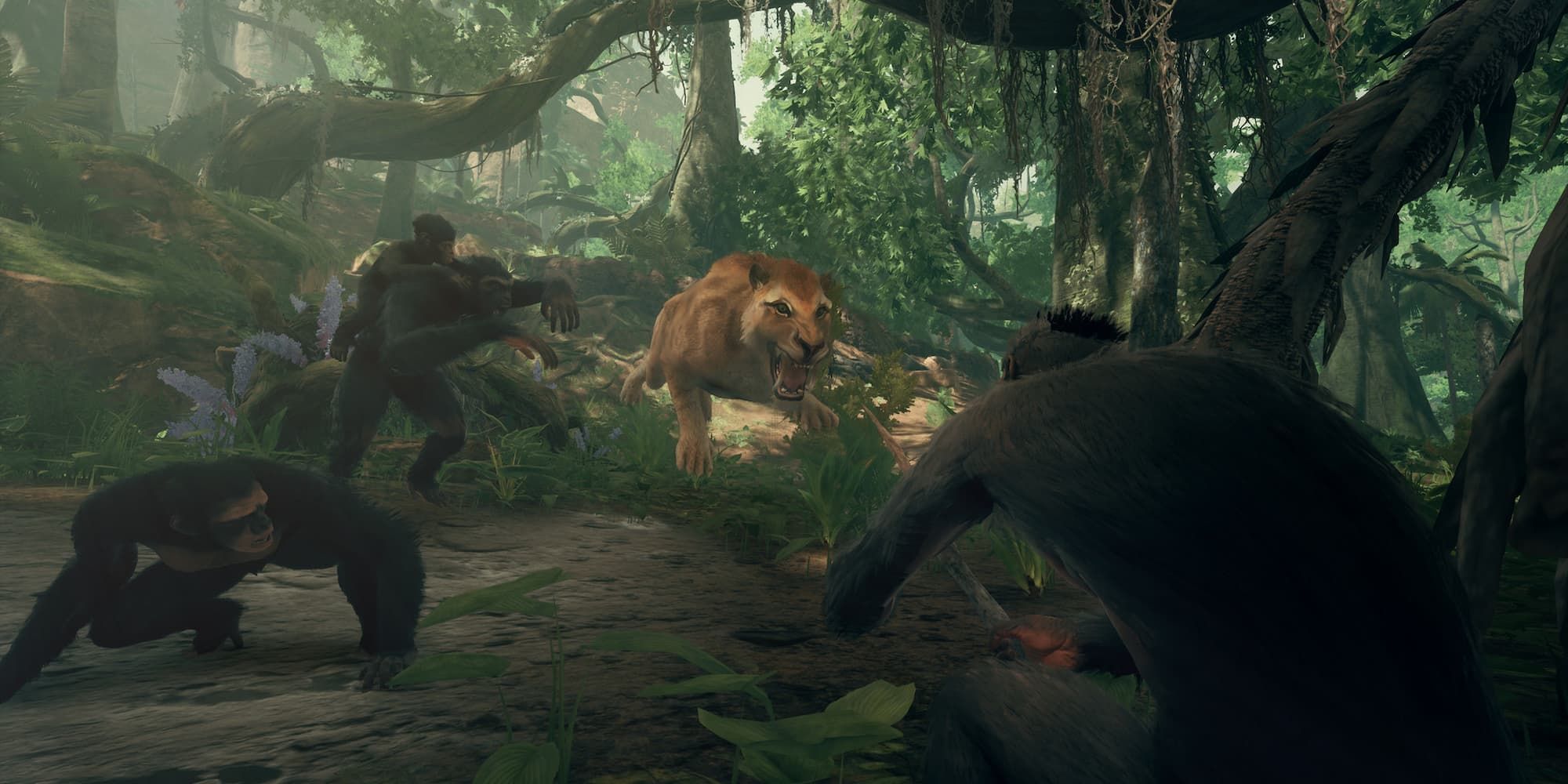 A group of primates battle off a sabretooth tiger in Ancestors: The Humankind Odyssey.