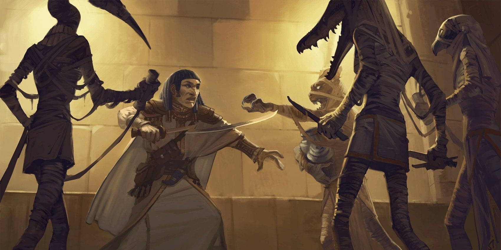 egyptian warrior fights off animal mummies