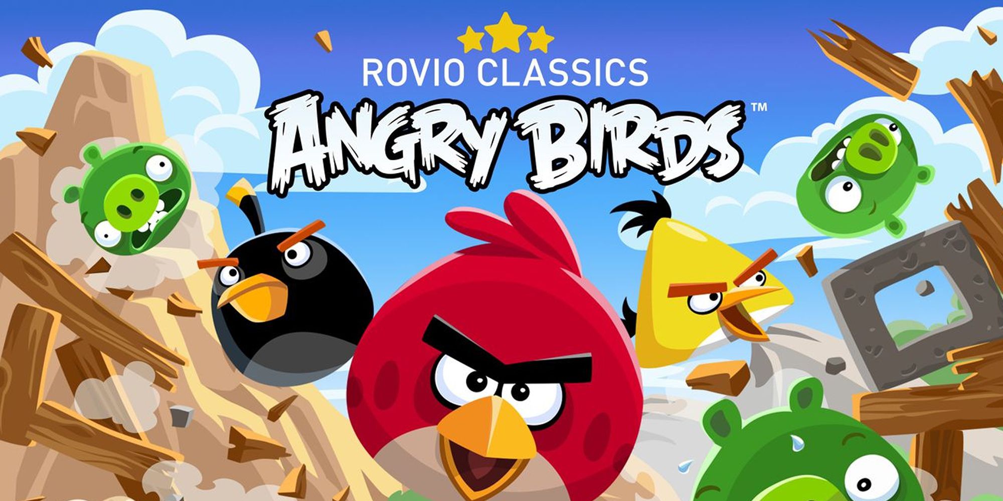 Angry Birds Classics Cover Art Showing Birds Crashing Through Pigs